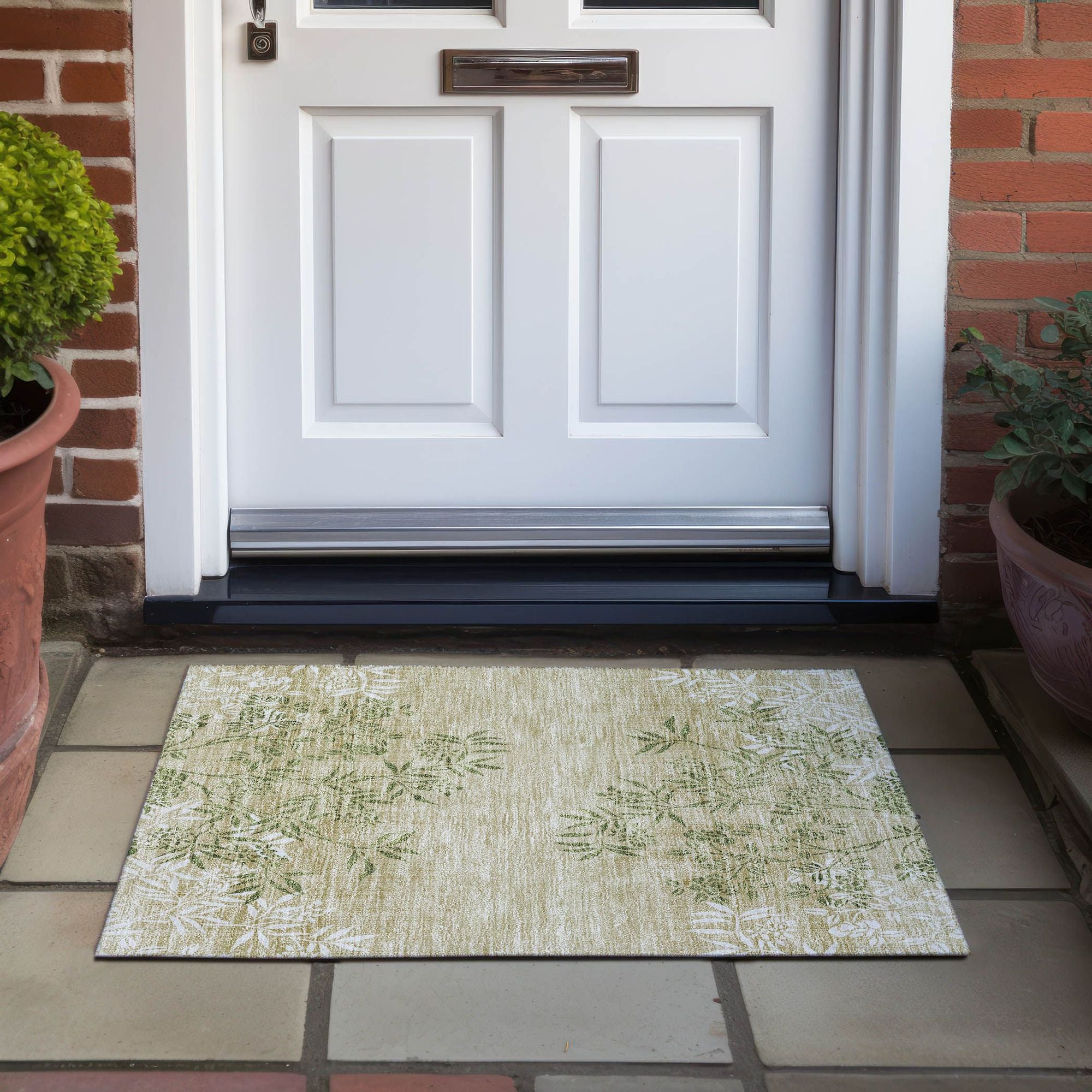 Machine Washable Khaki Brown Rug - Indoor / Outdoor - Kids / Pet Friendly Floral Print Rug