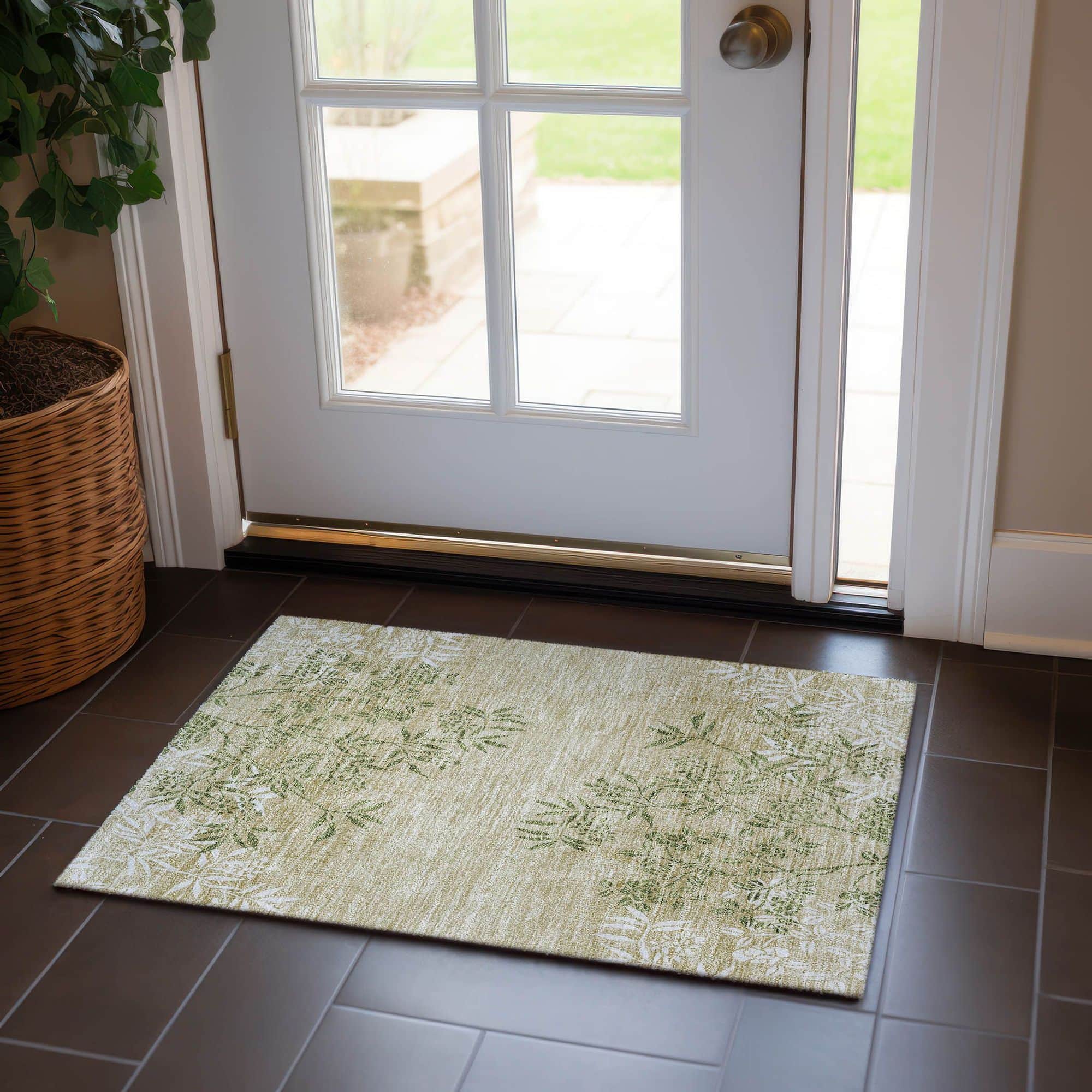 Machine Washable Khaki Brown Rug - Indoor / Outdoor - Kids / Pet Friendly Floral Print Rug