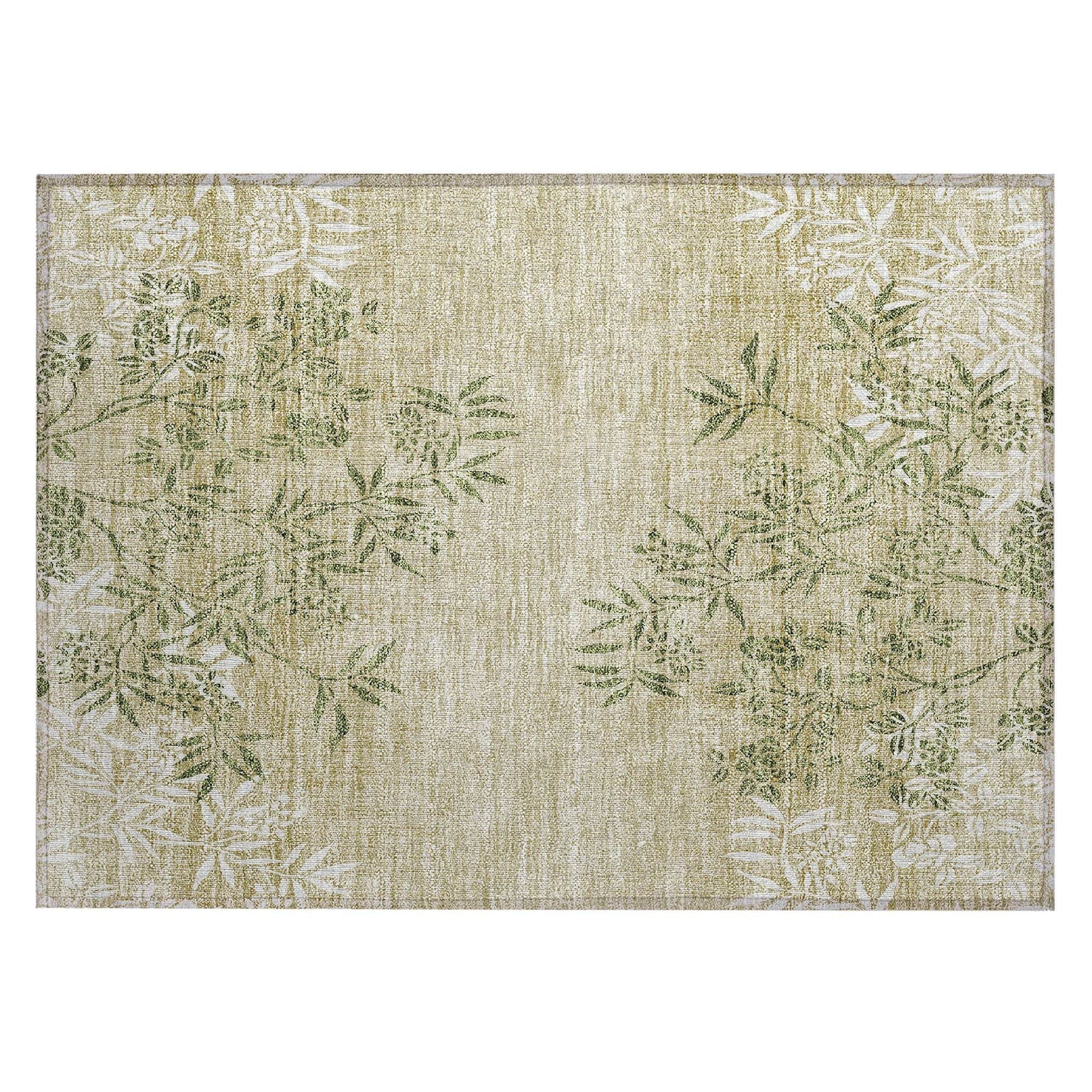 Machine Washable Khaki Brown Rug - Indoor / Outdoor - Kids / Pet Friendly Floral Print Rug