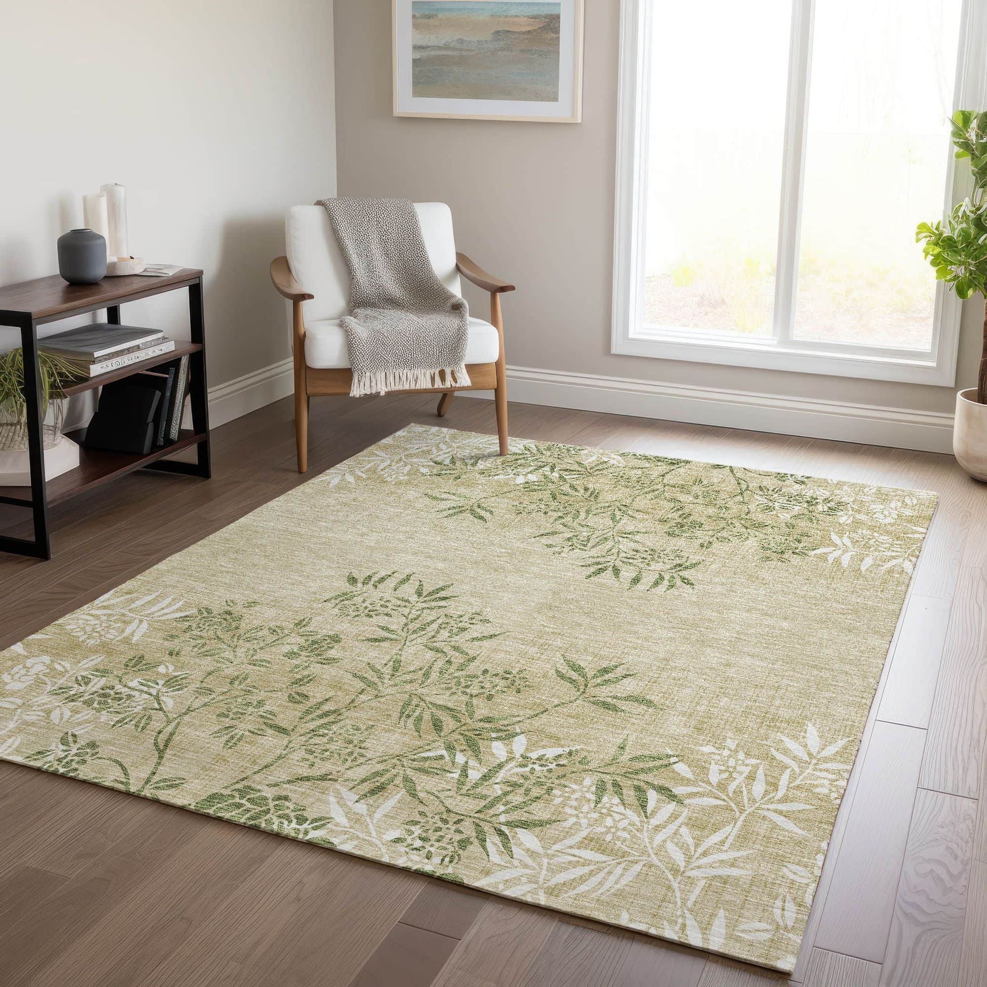 Machine Washable Khaki Brown Rug - Indoor / Outdoor - Kids / Pet Friendly Floral Print Rug