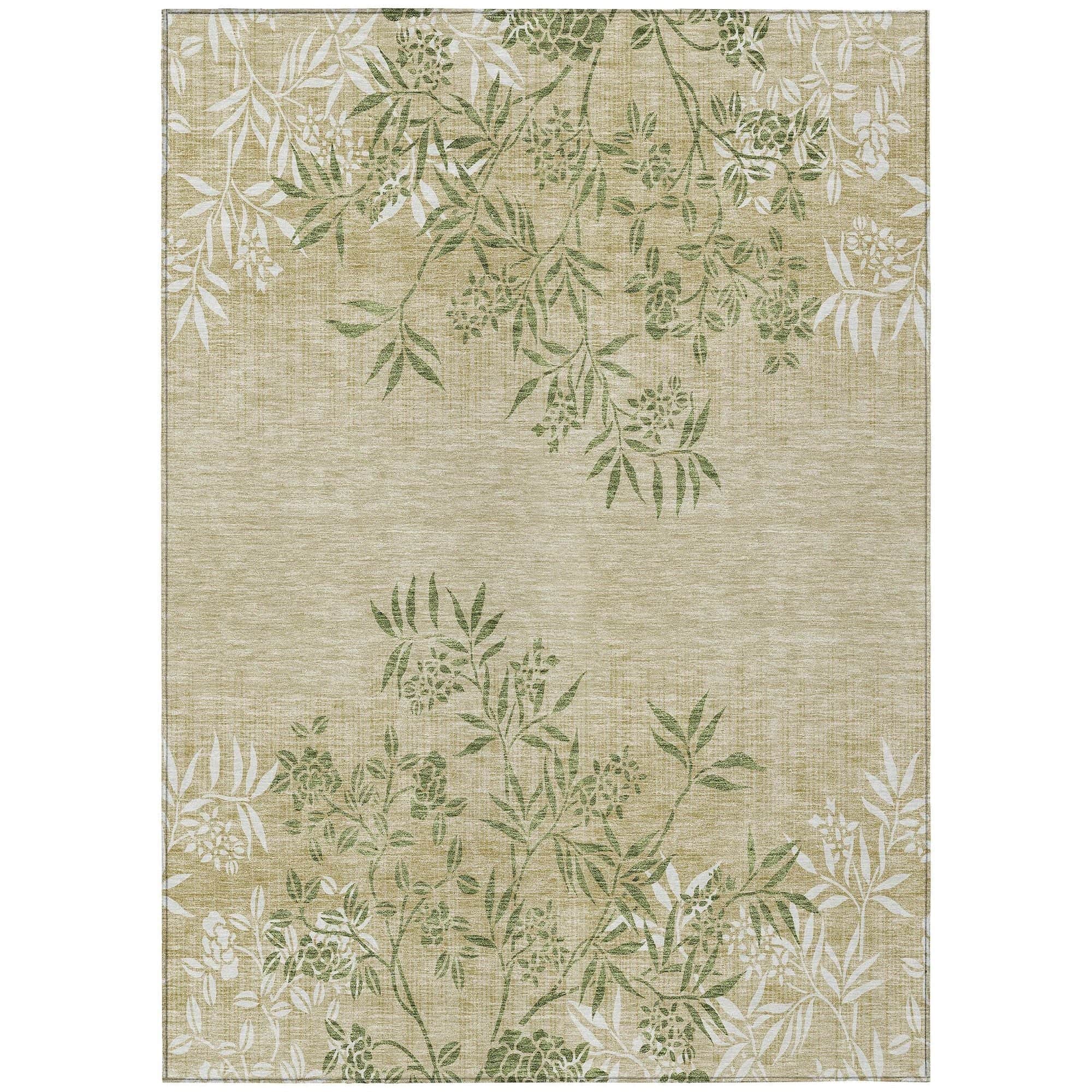 Machine Washable Khaki Brown Rug - Indoor / Outdoor - Kids / Pet Friendly Floral Print Rug