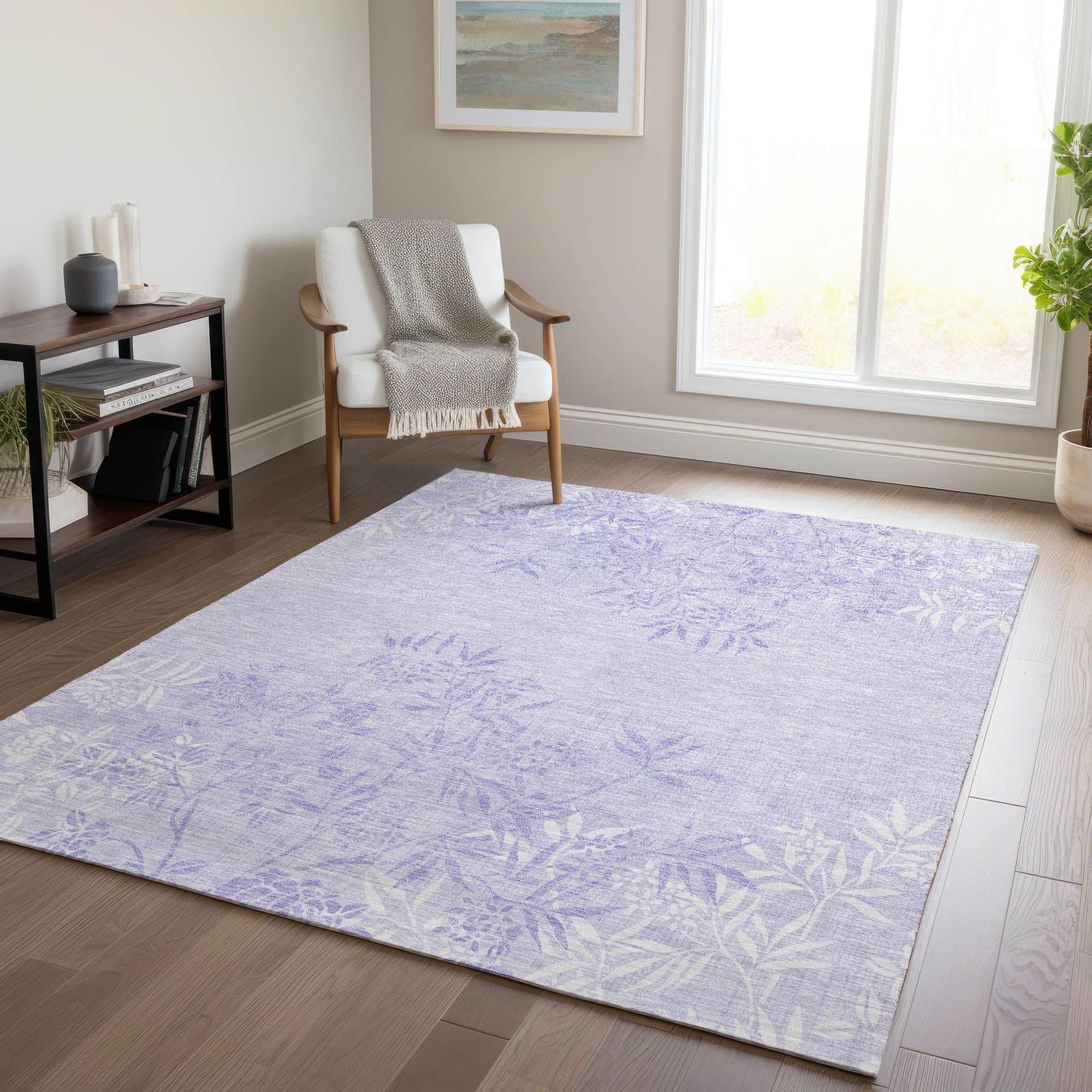 Machine Washable Lilac Purple Rug - Indoor / Outdoor - Kids / Pet Friendly Floral Print Rug