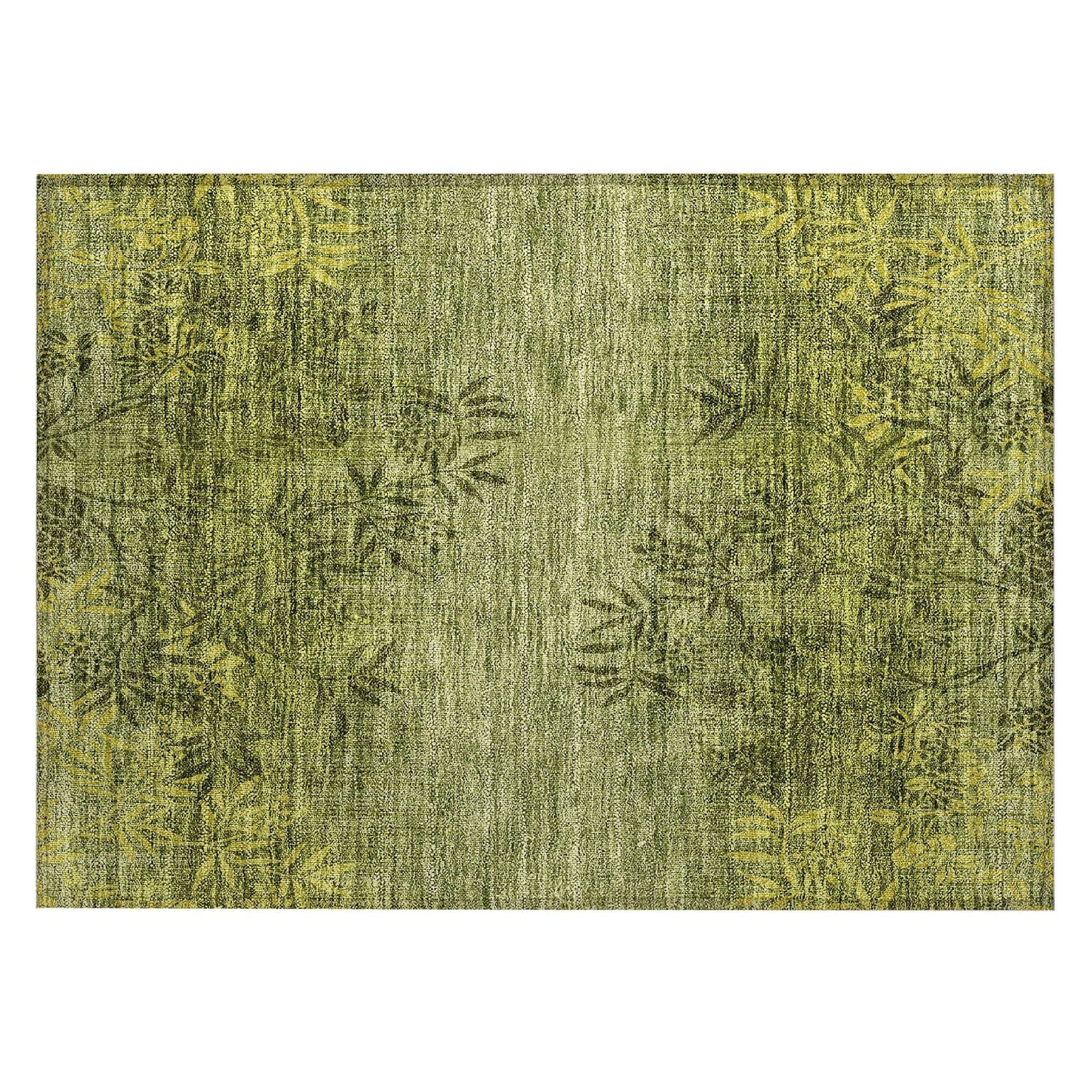 Machine Washable Olive Green Rug - Indoor / Outdoor - Kids / Pet Friendly Floral Print Rug