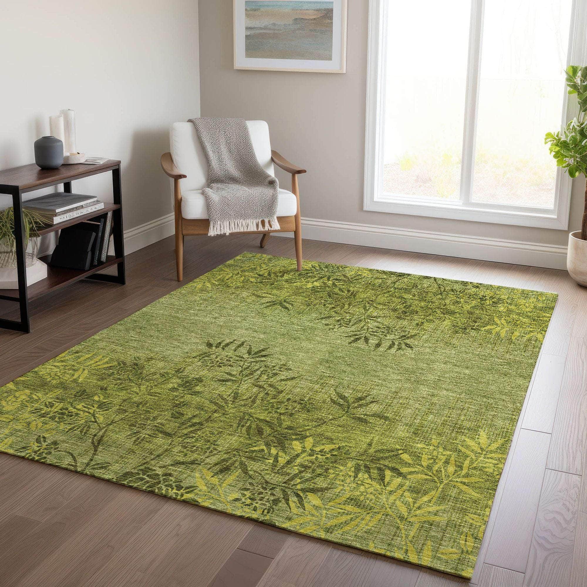 Machine Washable Olive Green Rug - Indoor / Outdoor - Kids / Pet Friendly Floral Print Rug