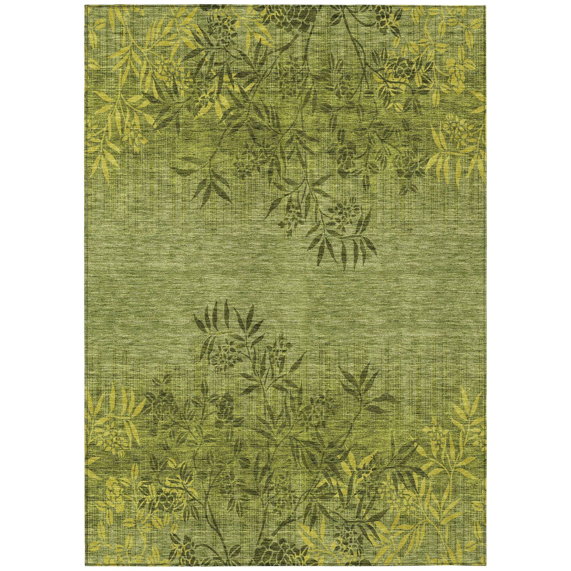 Machine Washable Olive Green Rug - Indoor / Outdoor - Kids / Pet Friendly Floral Print Rug