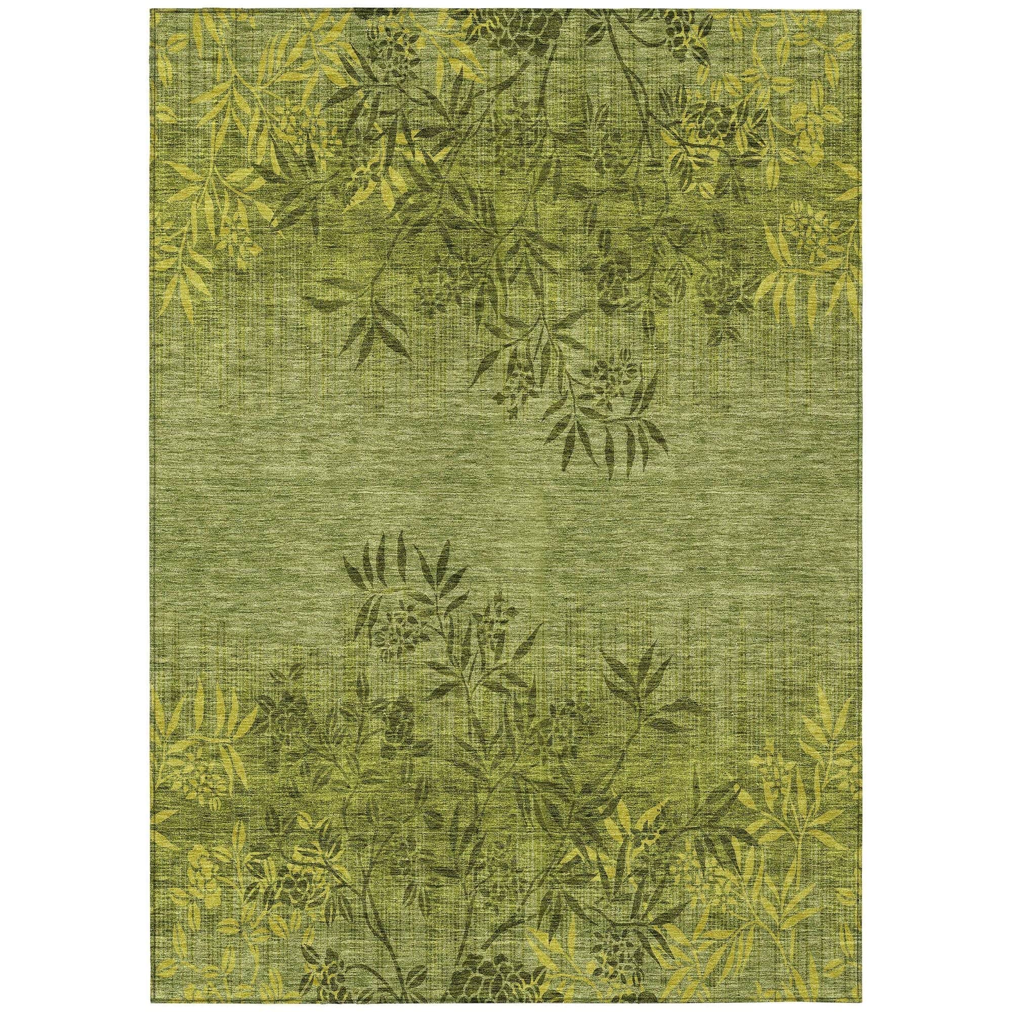 Machine Washable Olive Green Rug - Indoor / Outdoor - Kids / Pet Friendly Floral Print Rug