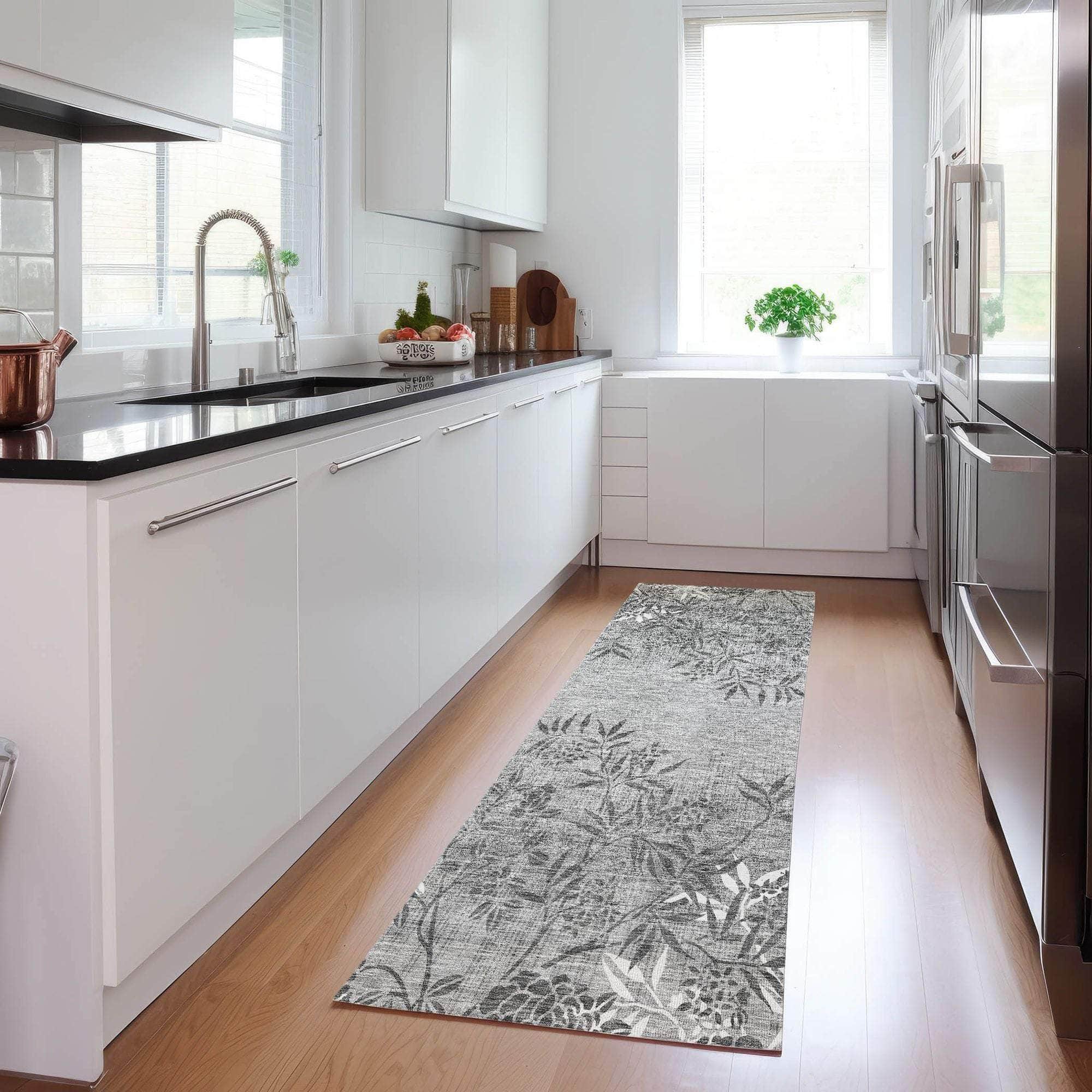 Machine Washable Pewter Gray Rug - Indoor / Outdoor - Kids / Pet Friendly Floral Print Rug