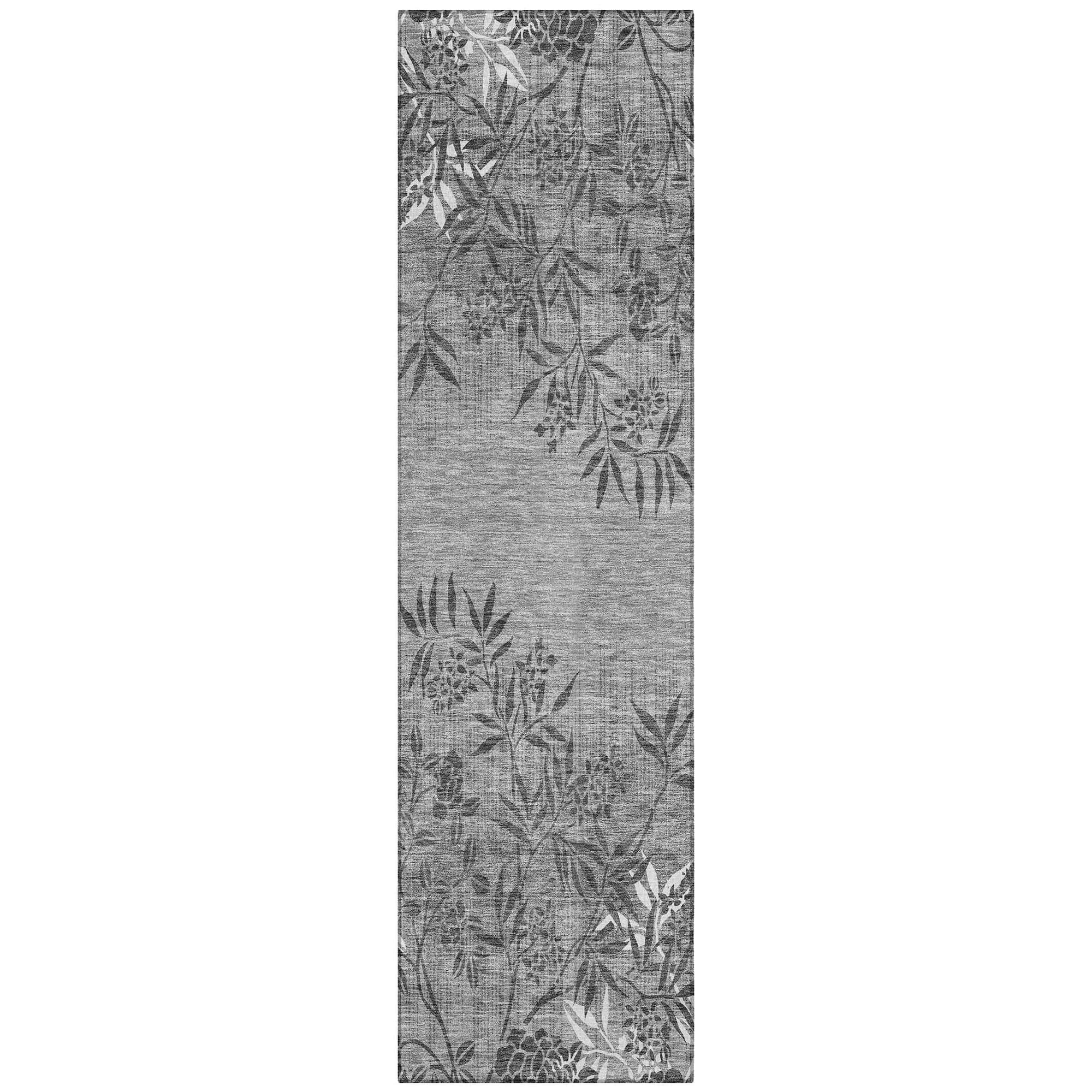 Machine Washable Pewter Gray Rug - Indoor / Outdoor - Kids / Pet Friendly Floral Print Rug