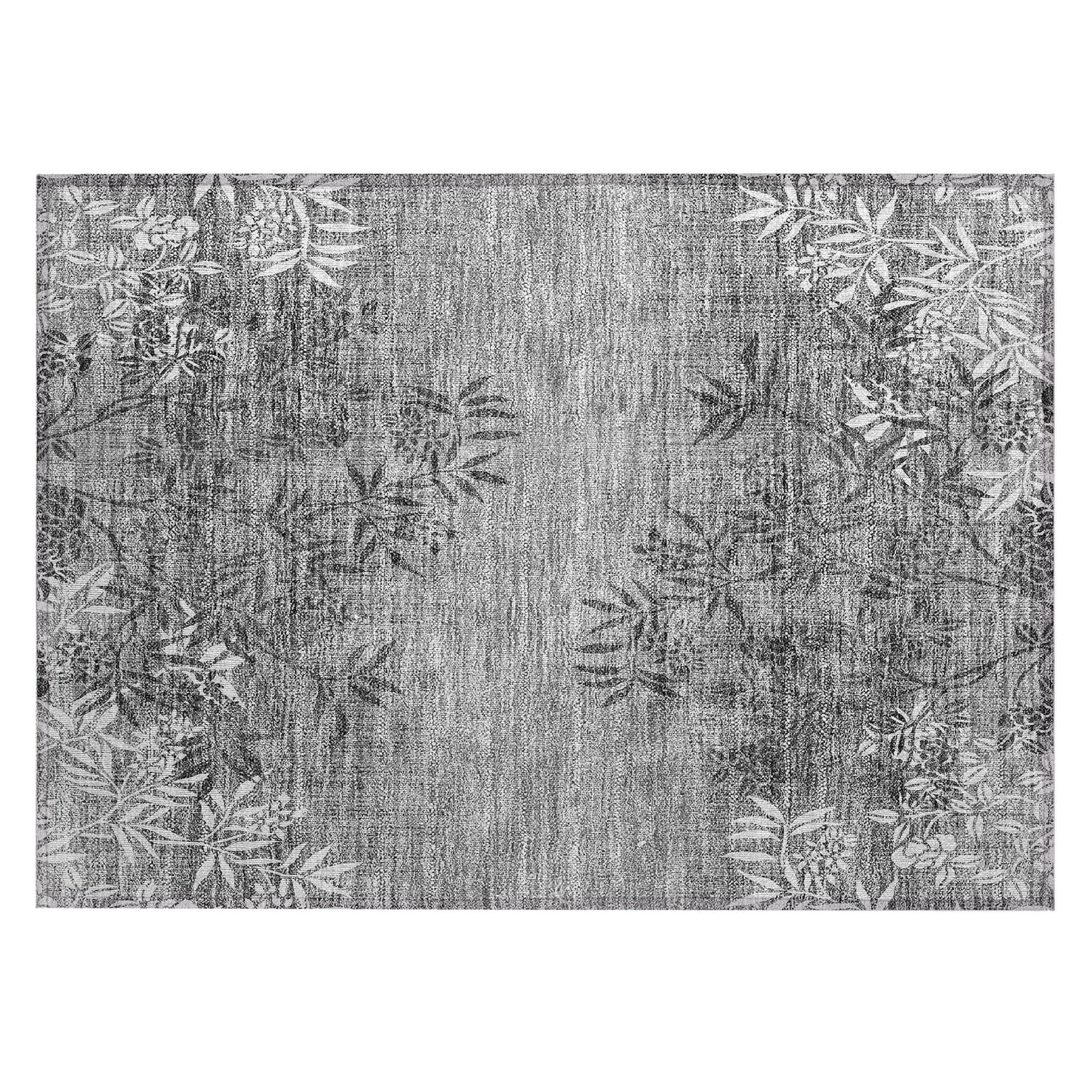 Machine Washable Pewter Gray Rug - Indoor / Outdoor - Kids / Pet Friendly Floral Print Rug