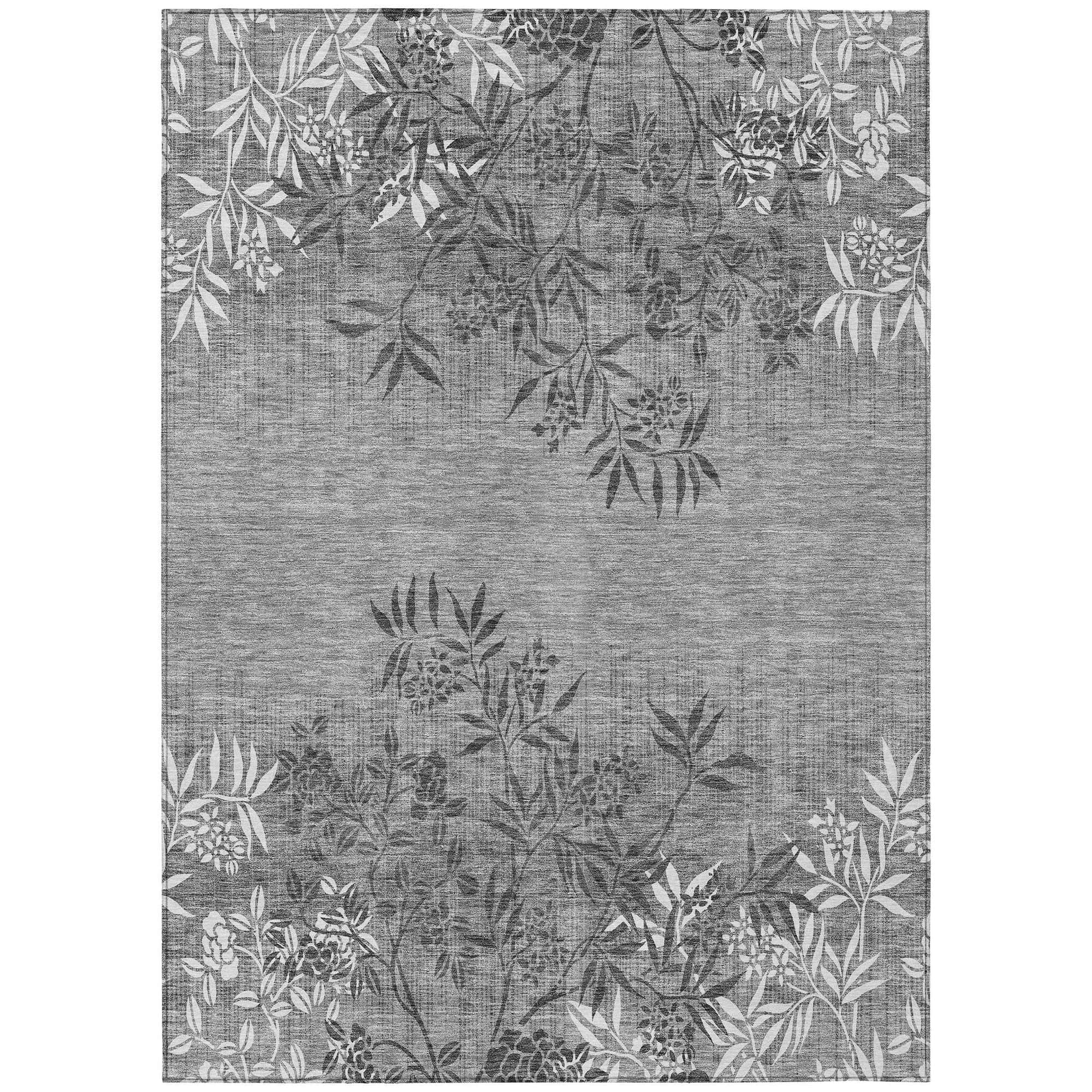 Machine Washable Pewter Gray Rug - Indoor / Outdoor - Kids / Pet Friendly Floral Print Rug