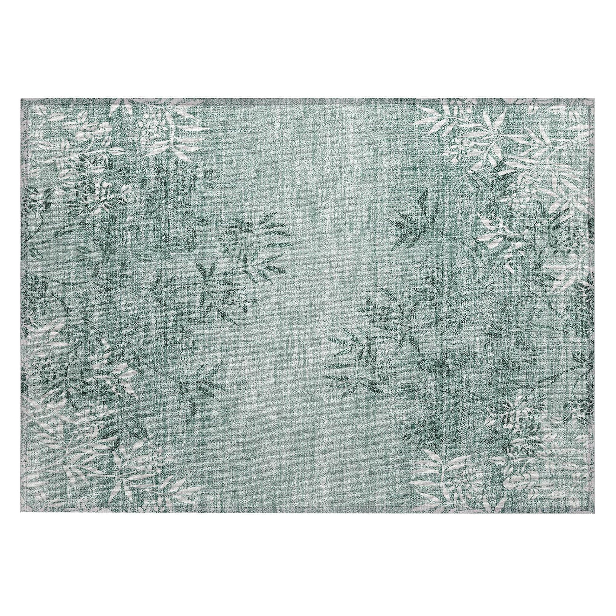 Machine Washable Sage Green Rug - Indoor / Outdoor - Kids / Pet Friendly Floral Print Rug