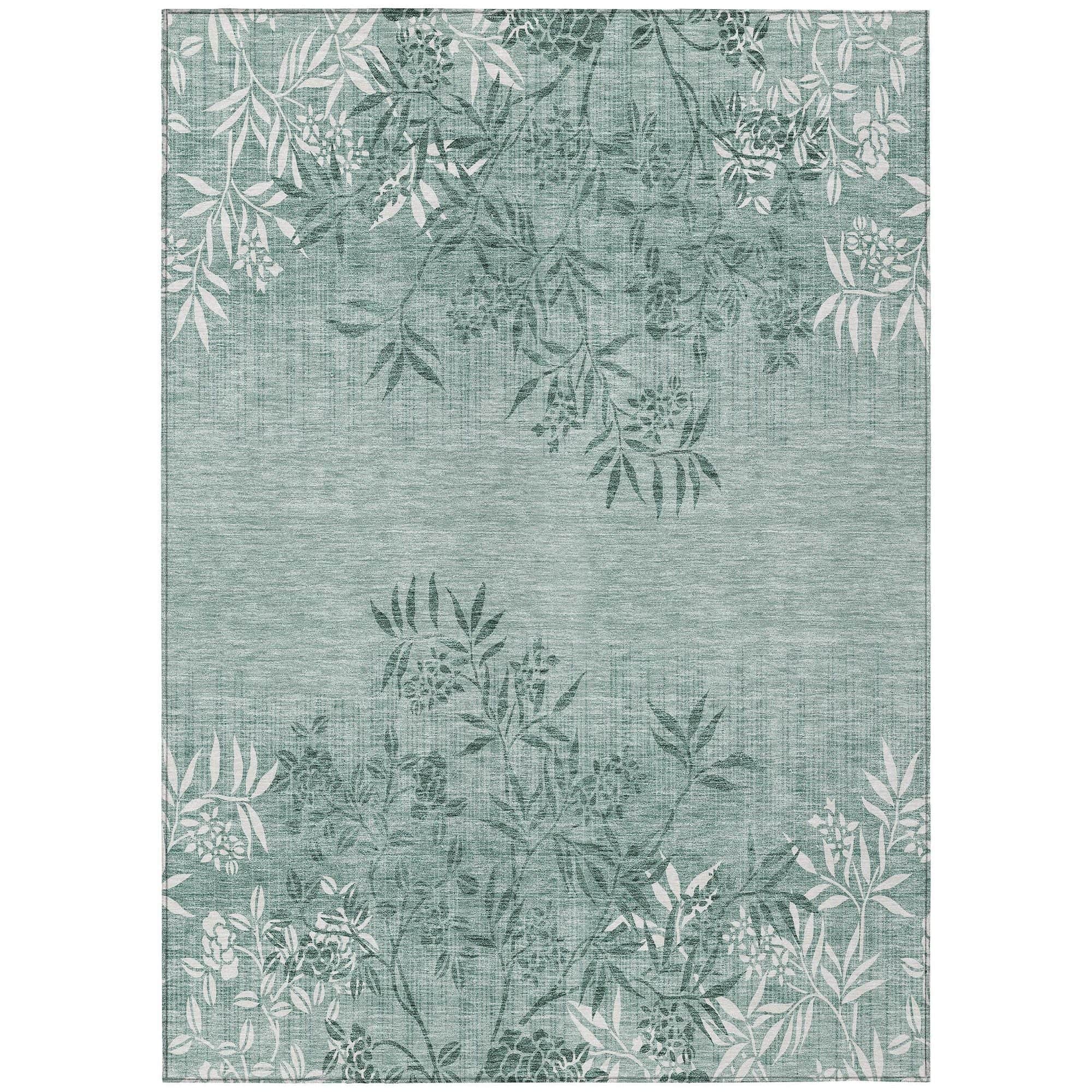 Machine Washable Sage Green Rug - Indoor / Outdoor - Kids / Pet Friendly Floral Print Rug