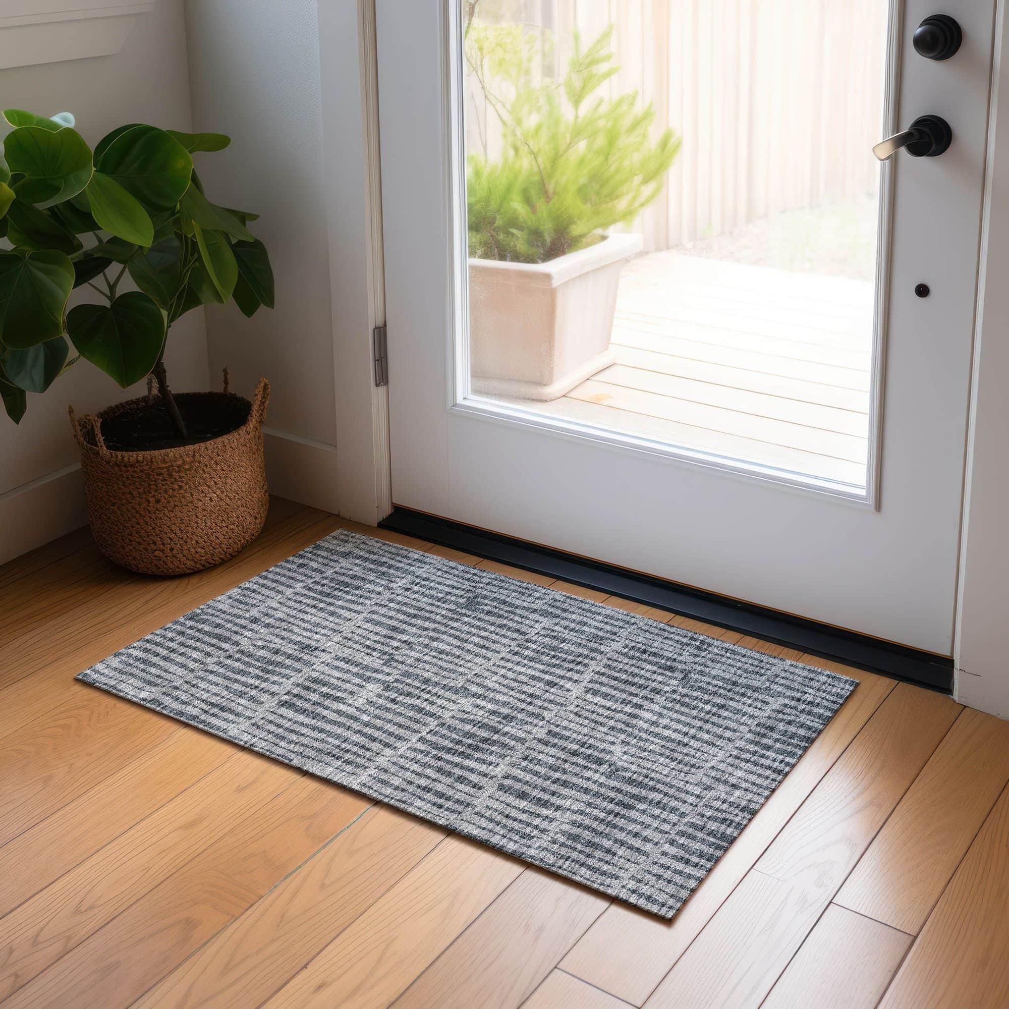 Machine Washable Charcoal Gray Rug - Indoor / Outdoor - Kids / Pet Friendly Striped Print Rug