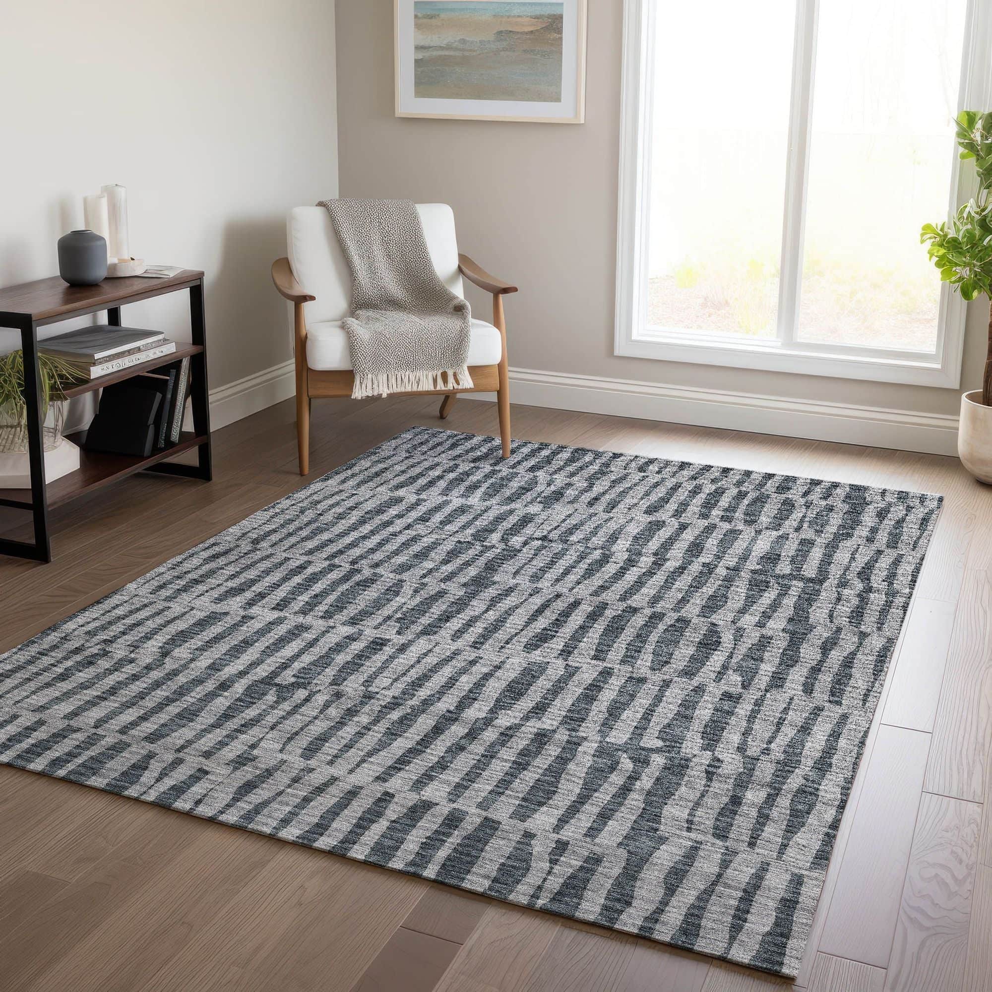 Machine Washable Charcoal Gray Rug - Indoor / Outdoor - Kids / Pet Friendly Striped Print Rug