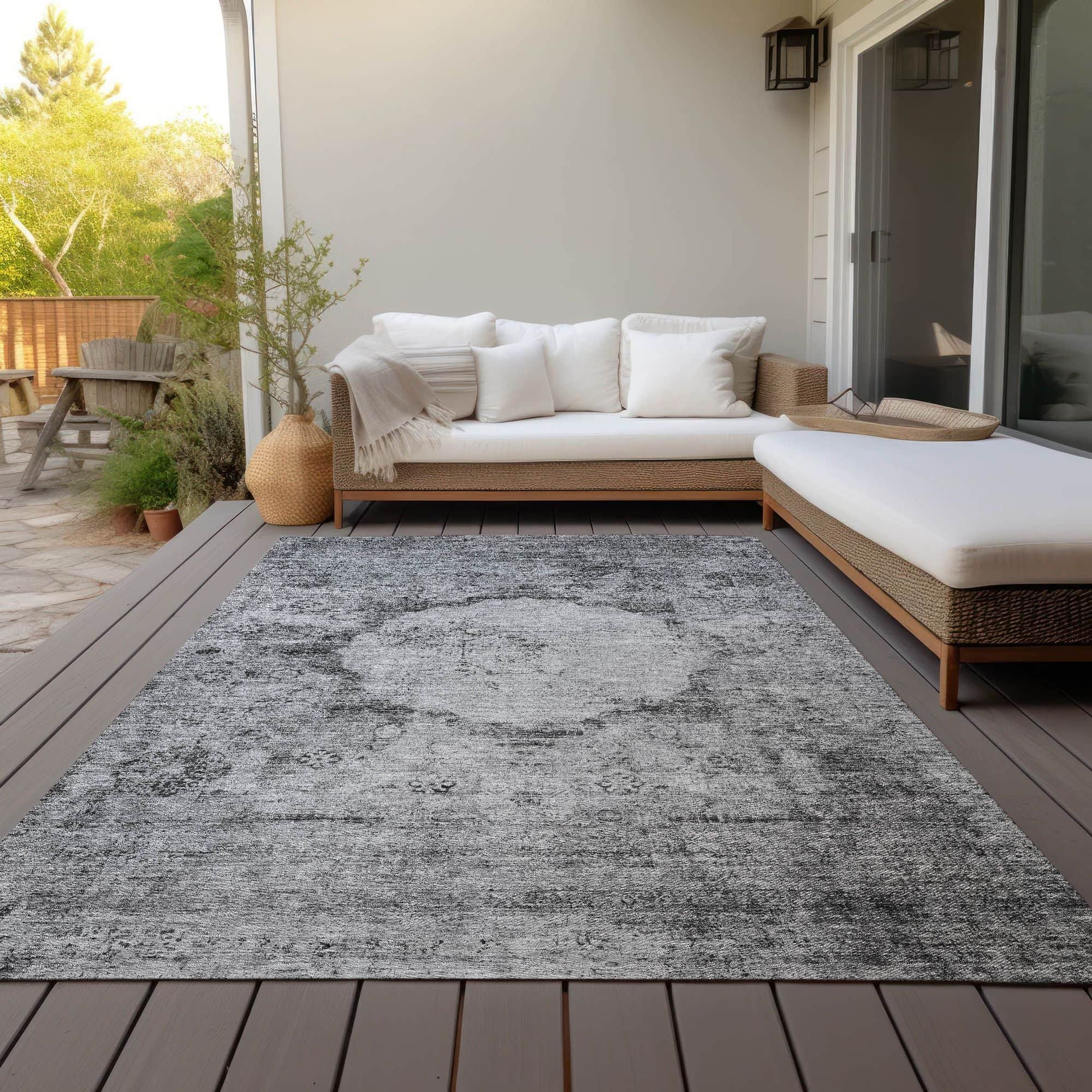 Machine Washable Gray Rug - Indoor / Outdoor - Kids / Pet Friendly Oriental Print Rug