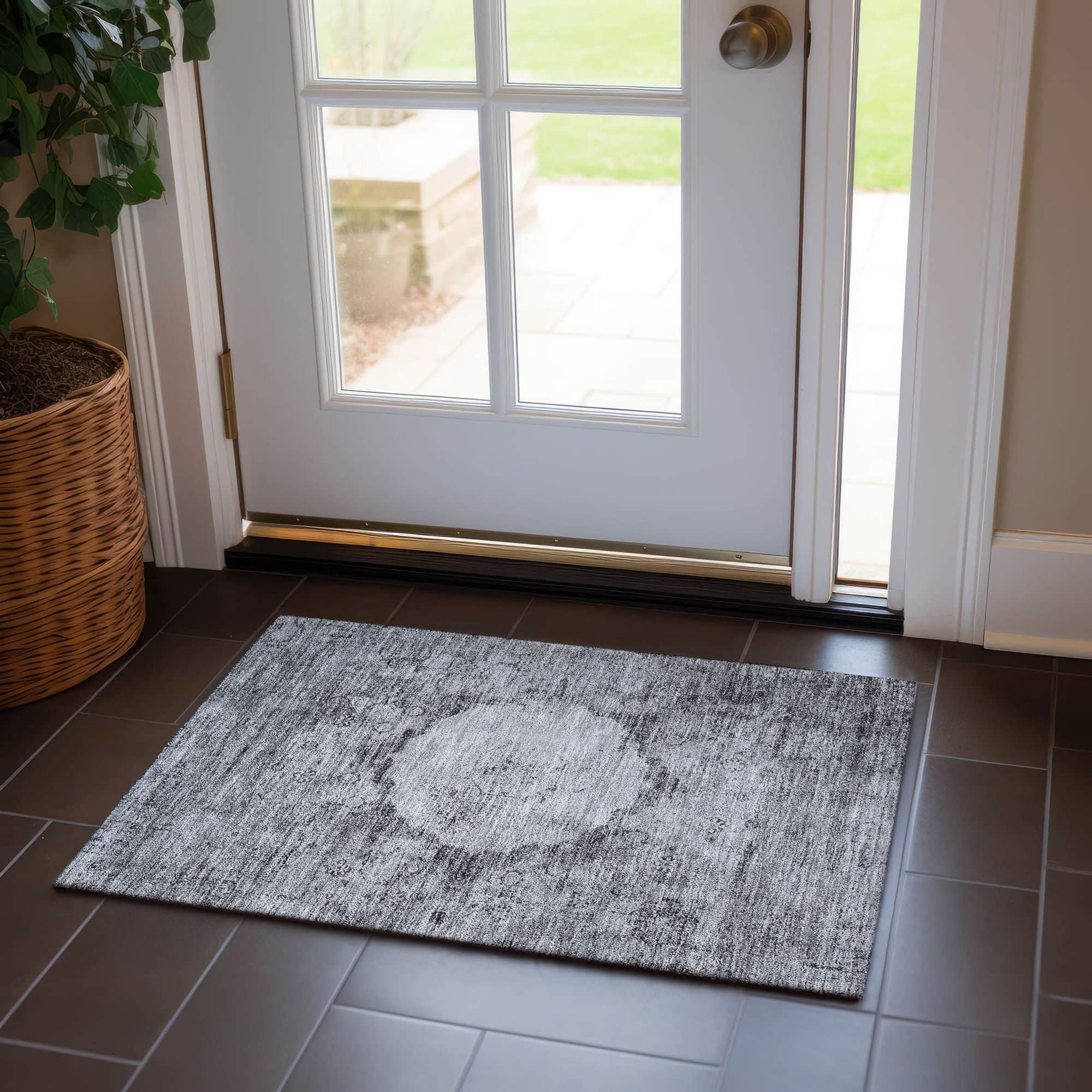 Machine Washable Gray Rug - Indoor / Outdoor - Kids / Pet Friendly Oriental Print Rug