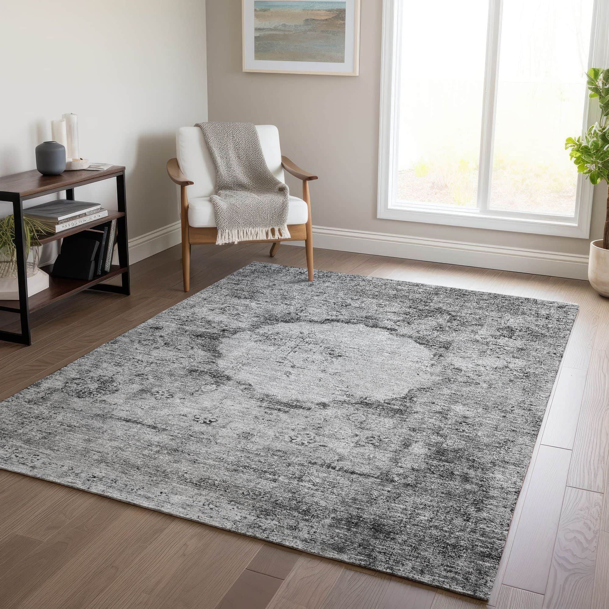Machine Washable Gray Rug - Indoor / Outdoor - Kids / Pet Friendly Oriental Print Rug