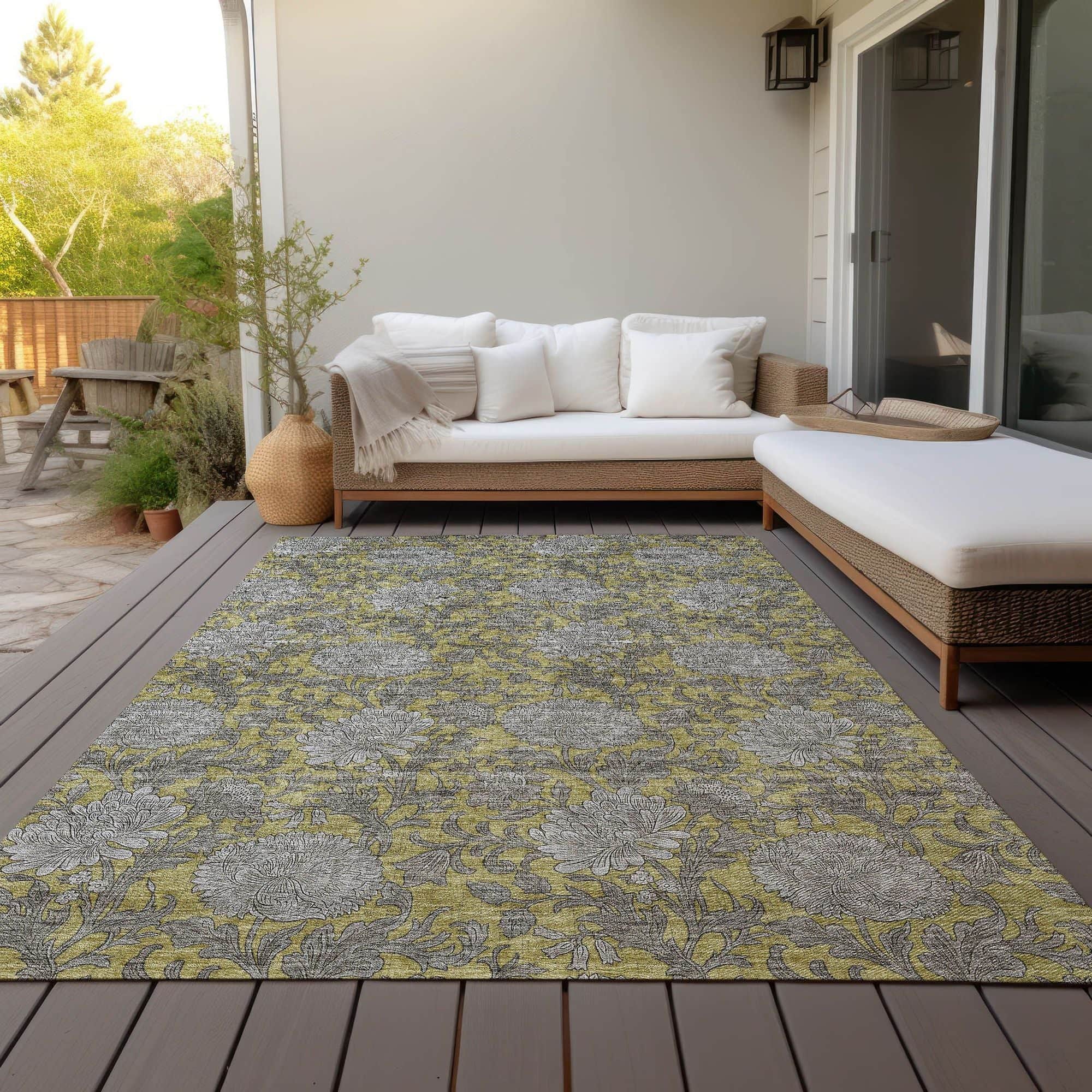 Machine Washable Gold Rug - Indoor / Outdoor - Kids / Pet Friendly Floral Print Rug