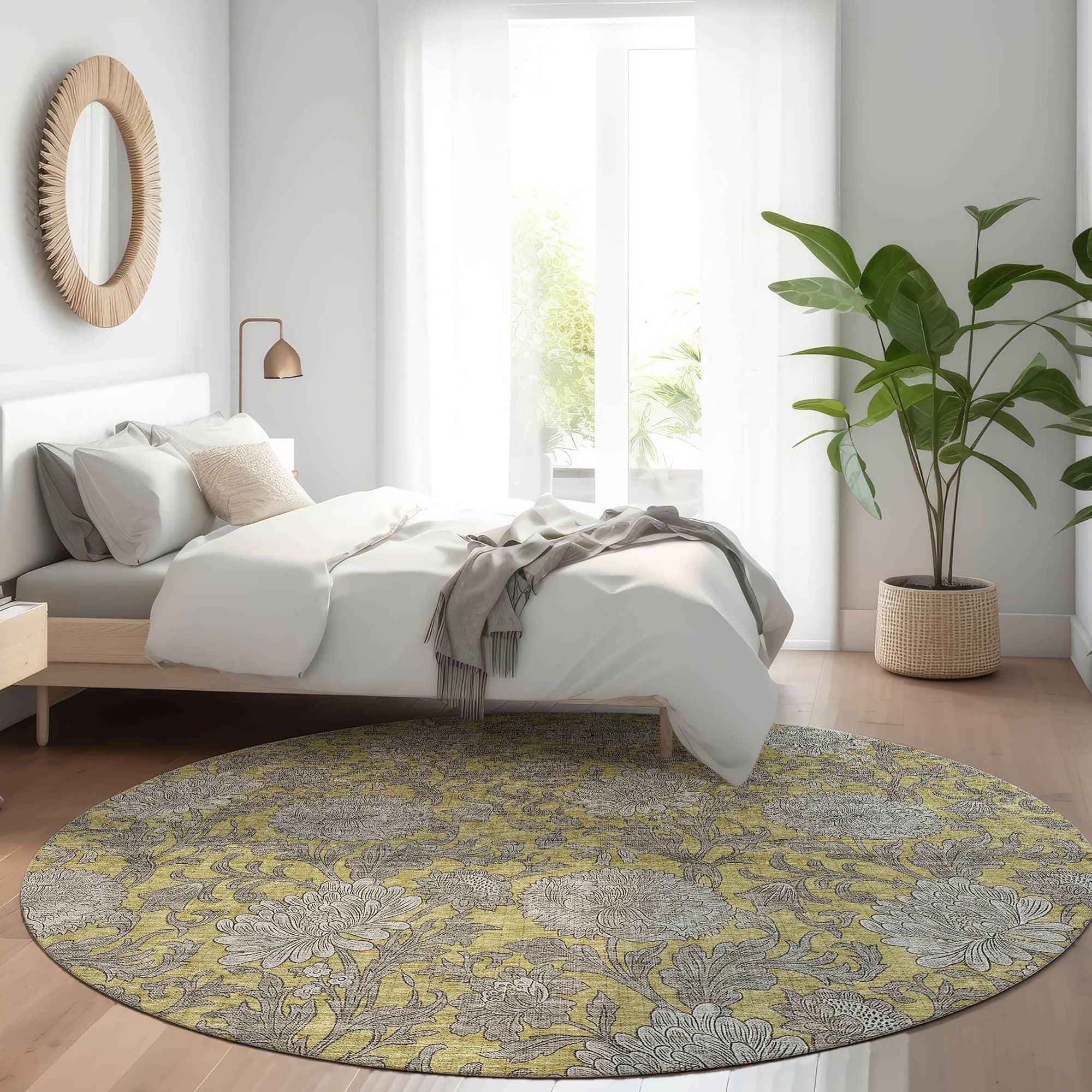 Machine Washable Gold Rug - Indoor / Outdoor - Kids / Pet Friendly Floral Print Rug