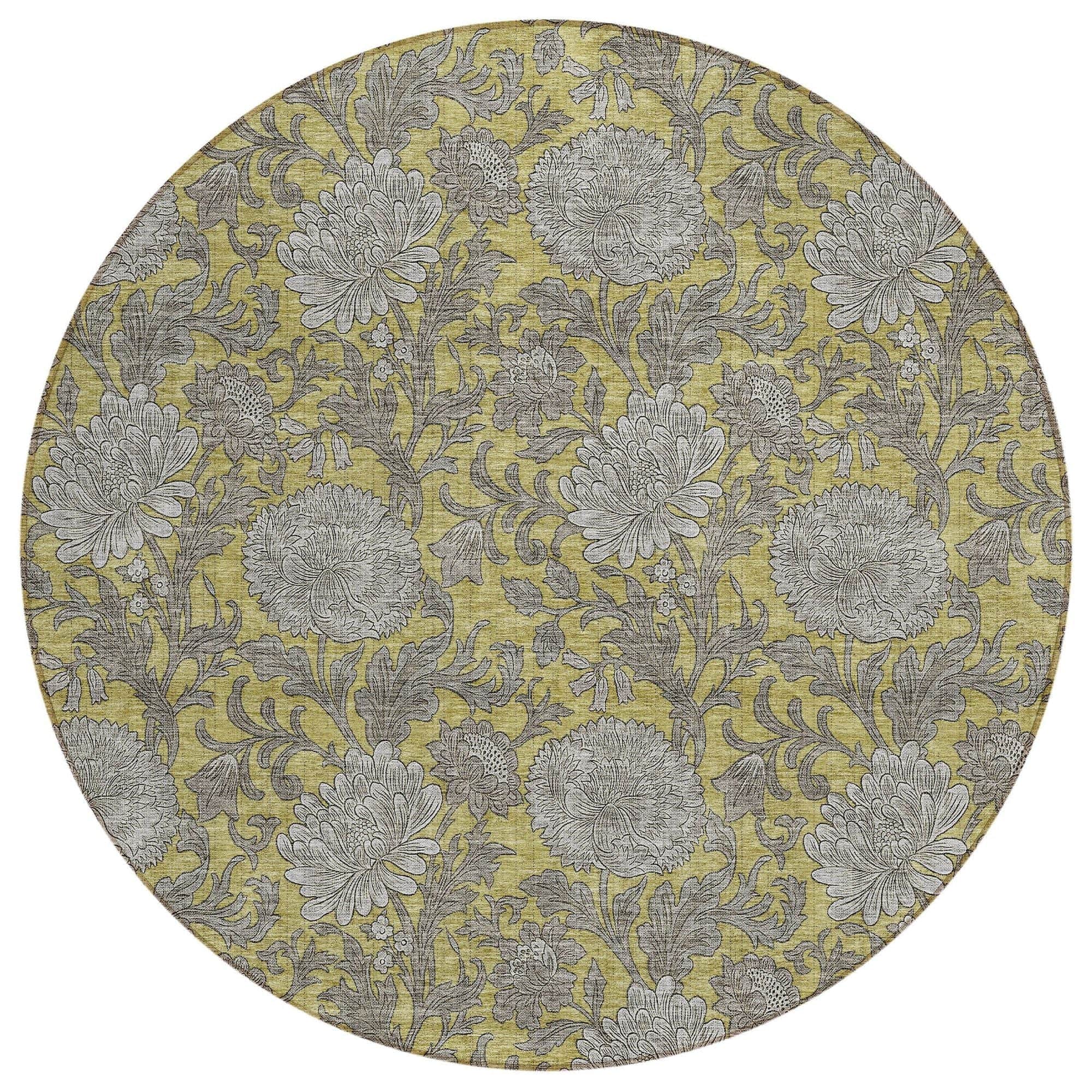 Machine Washable Gold Rug - Indoor / Outdoor - Kids / Pet Friendly Floral Print Rug