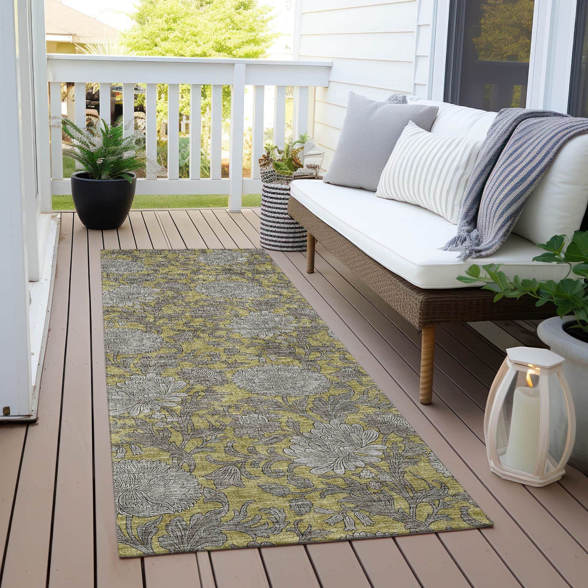 Machine Washable Gold Rug - Indoor / Outdoor - Kids / Pet Friendly Floral Print Rug
