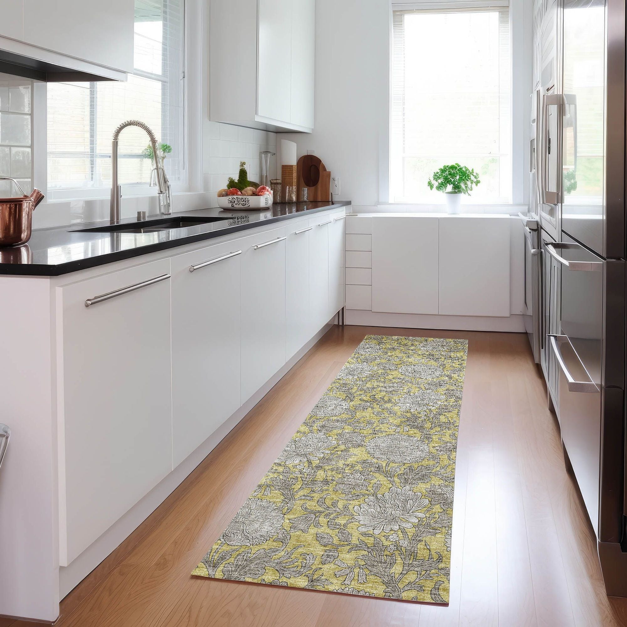 Machine Washable Gold Rug - Indoor / Outdoor - Kids / Pet Friendly Floral Print Rug