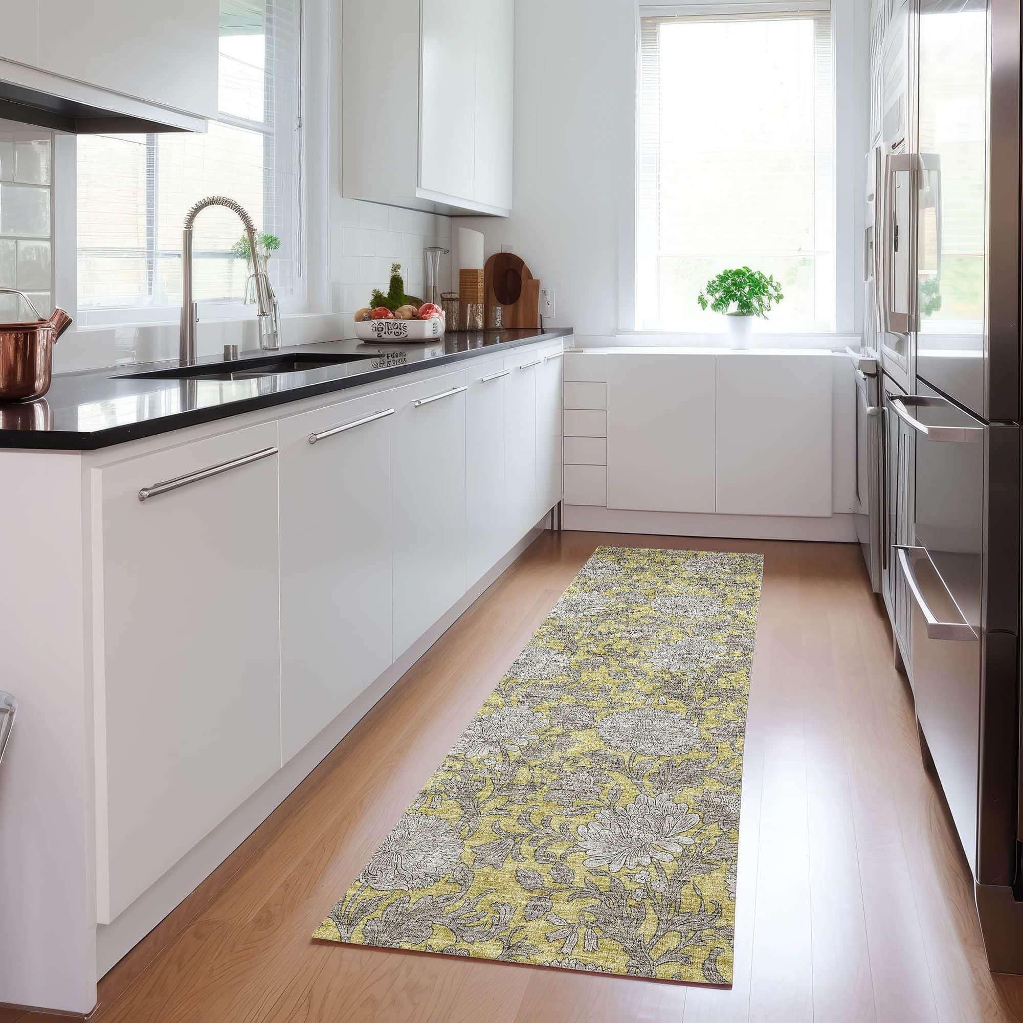 Machine Washable Gold Rug - Indoor / Outdoor - Kids / Pet Friendly Floral Print Rug