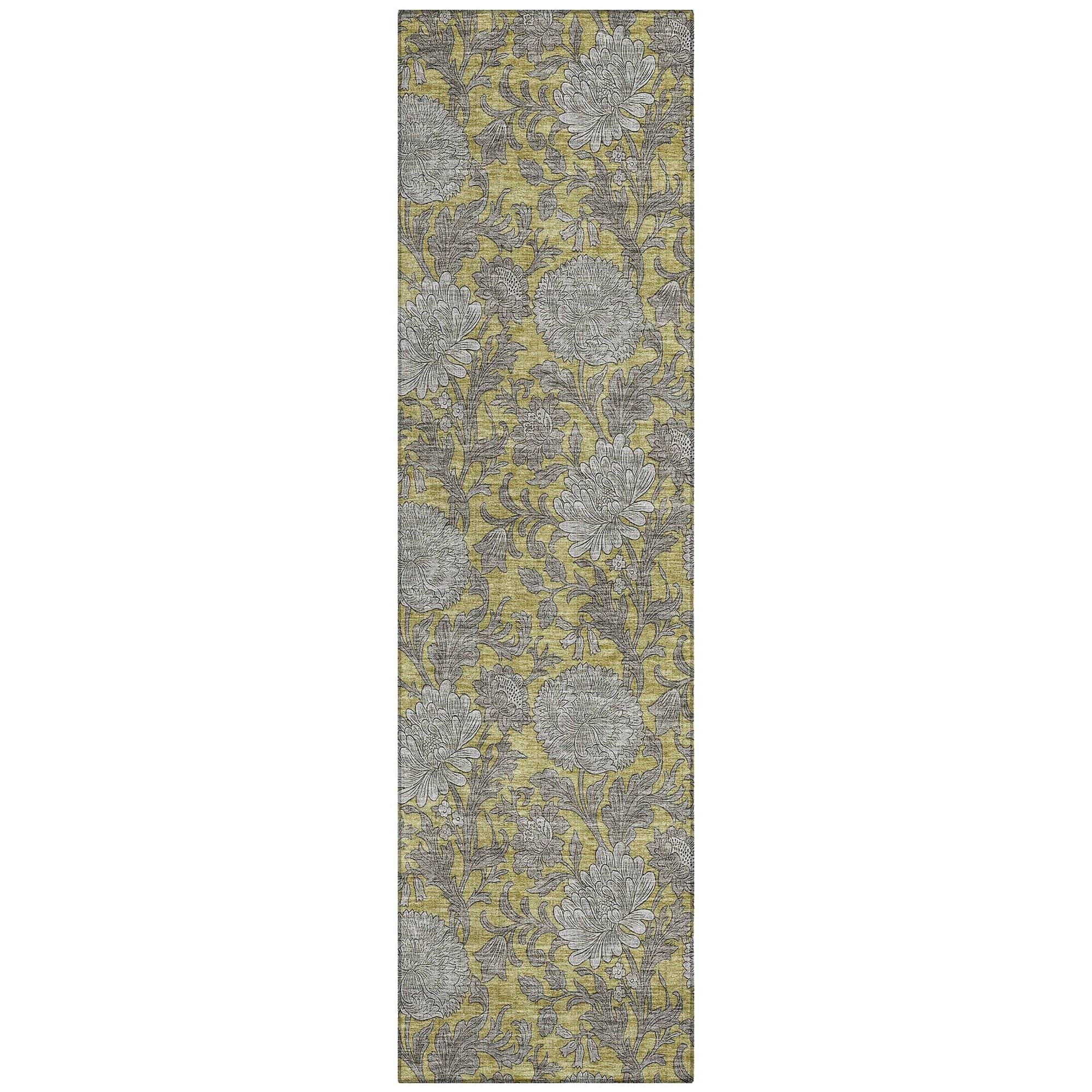 Machine Washable Gold Rug - Indoor / Outdoor - Kids / Pet Friendly Floral Print Rug