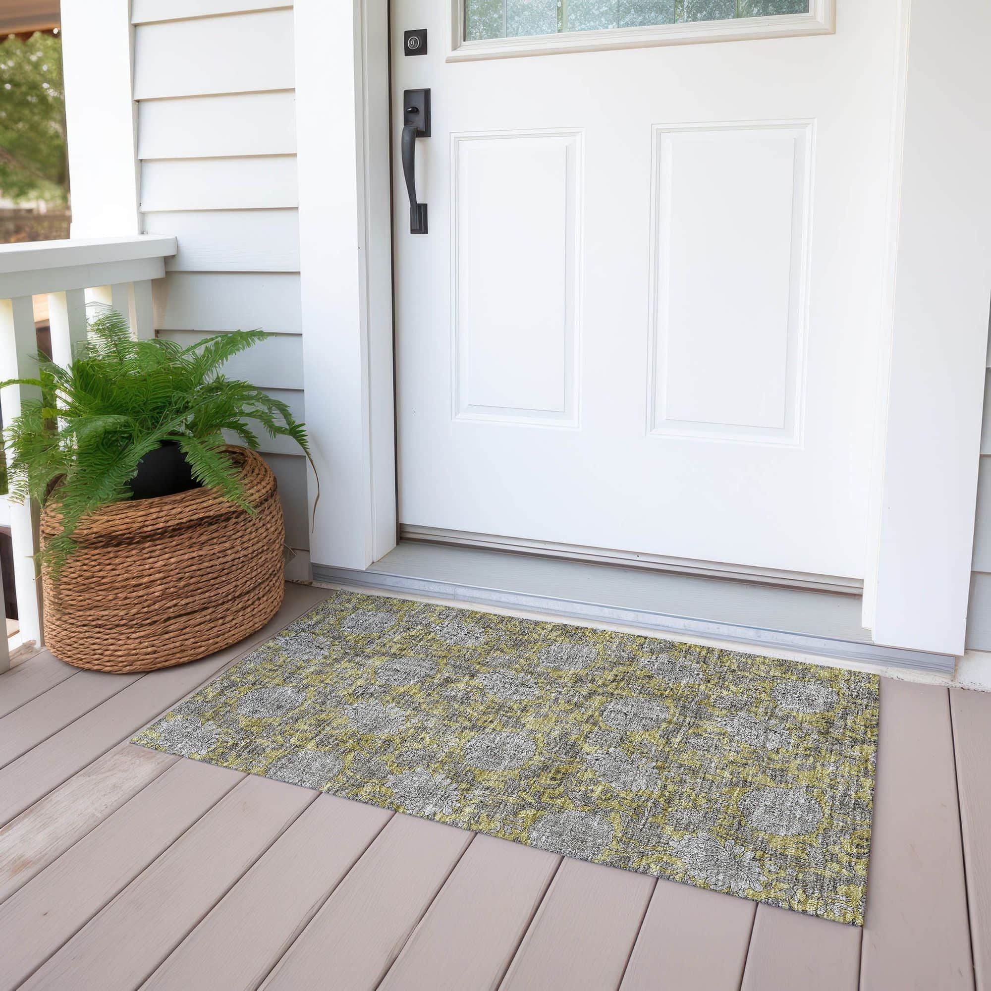 Machine Washable Gold Rug - Indoor / Outdoor - Kids / Pet Friendly Floral Print Rug