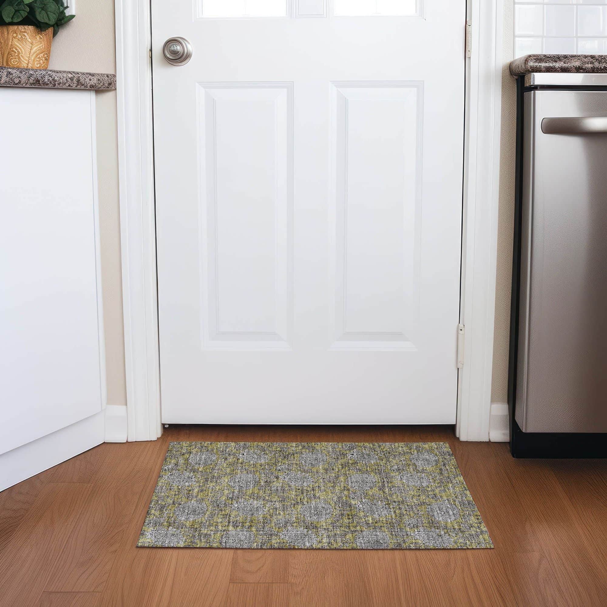 Machine Washable Gold Rug - Indoor / Outdoor - Kids / Pet Friendly Floral Print Rug
