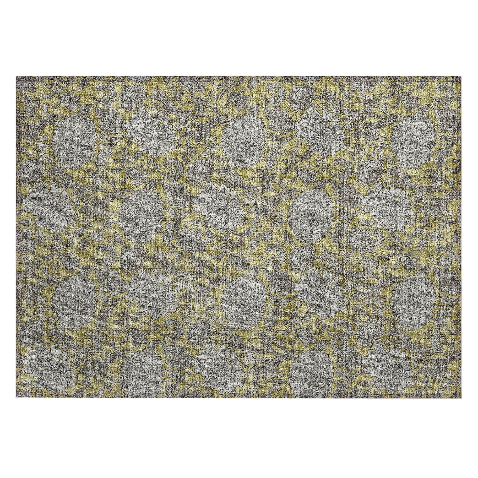 Machine Washable Gold Rug - Indoor / Outdoor - Kids / Pet Friendly Floral Print Rug