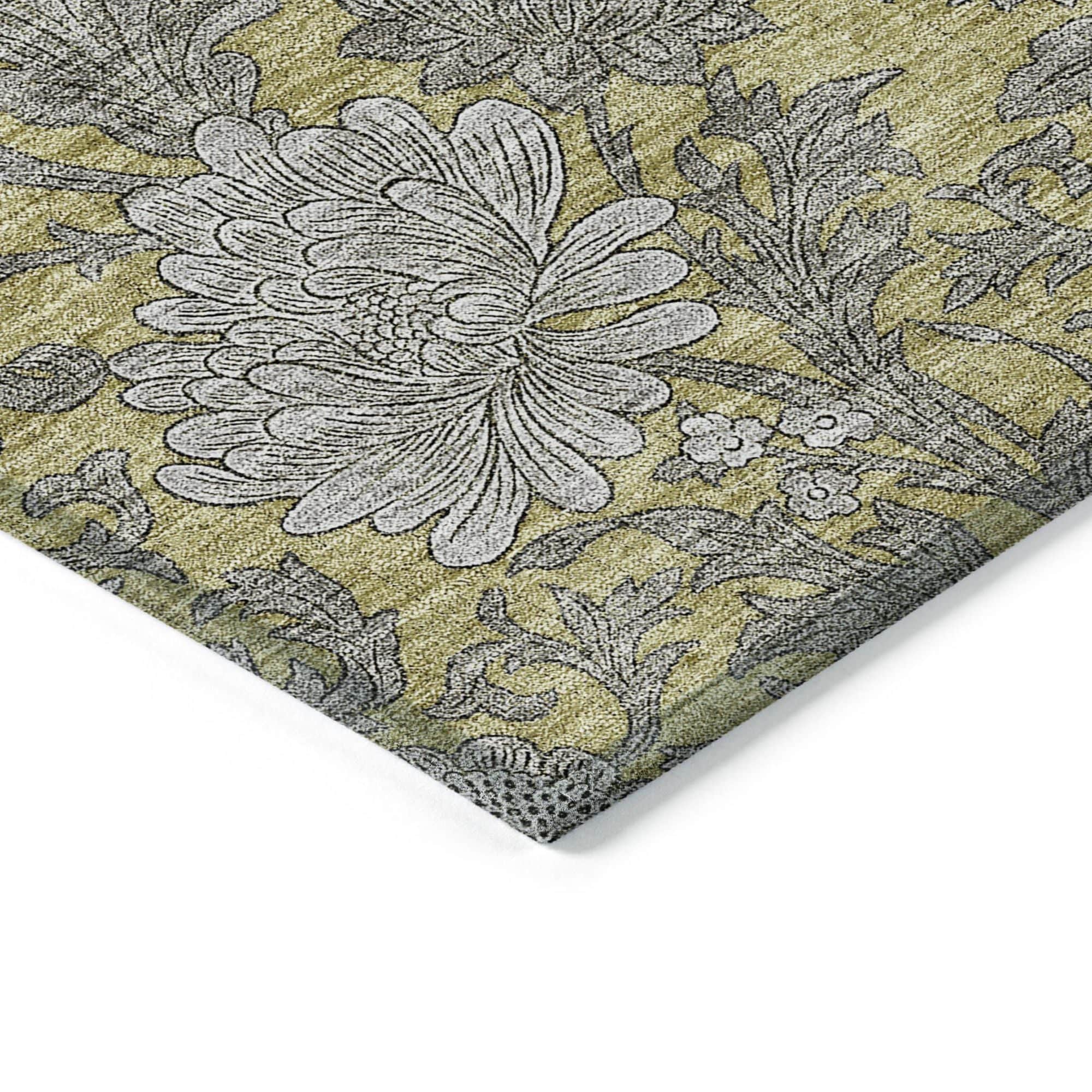 Machine Washable Gold Rug - Indoor / Outdoor - Kids / Pet Friendly Floral Print Rug