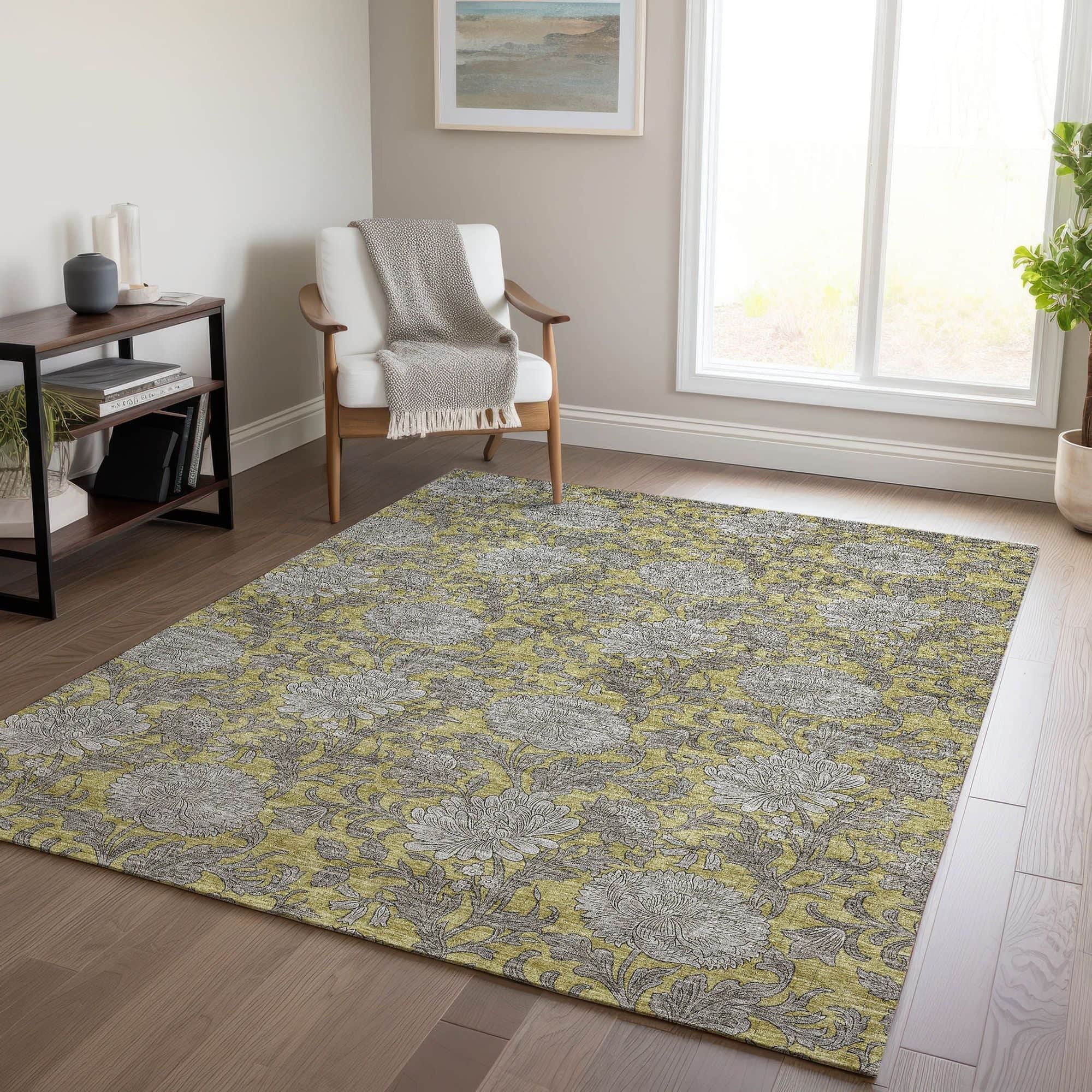 Machine Washable Gold Rug - Indoor / Outdoor - Kids / Pet Friendly Floral Print Rug