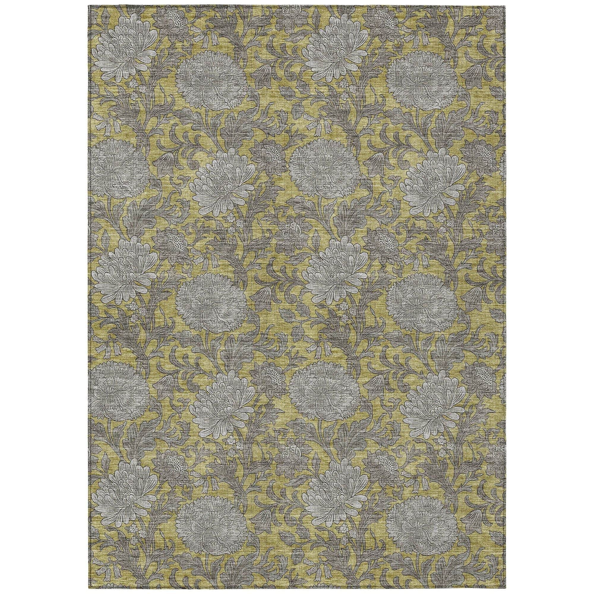 Machine Washable Gold Rug - Indoor / Outdoor - Kids / Pet Friendly Floral Print Rug