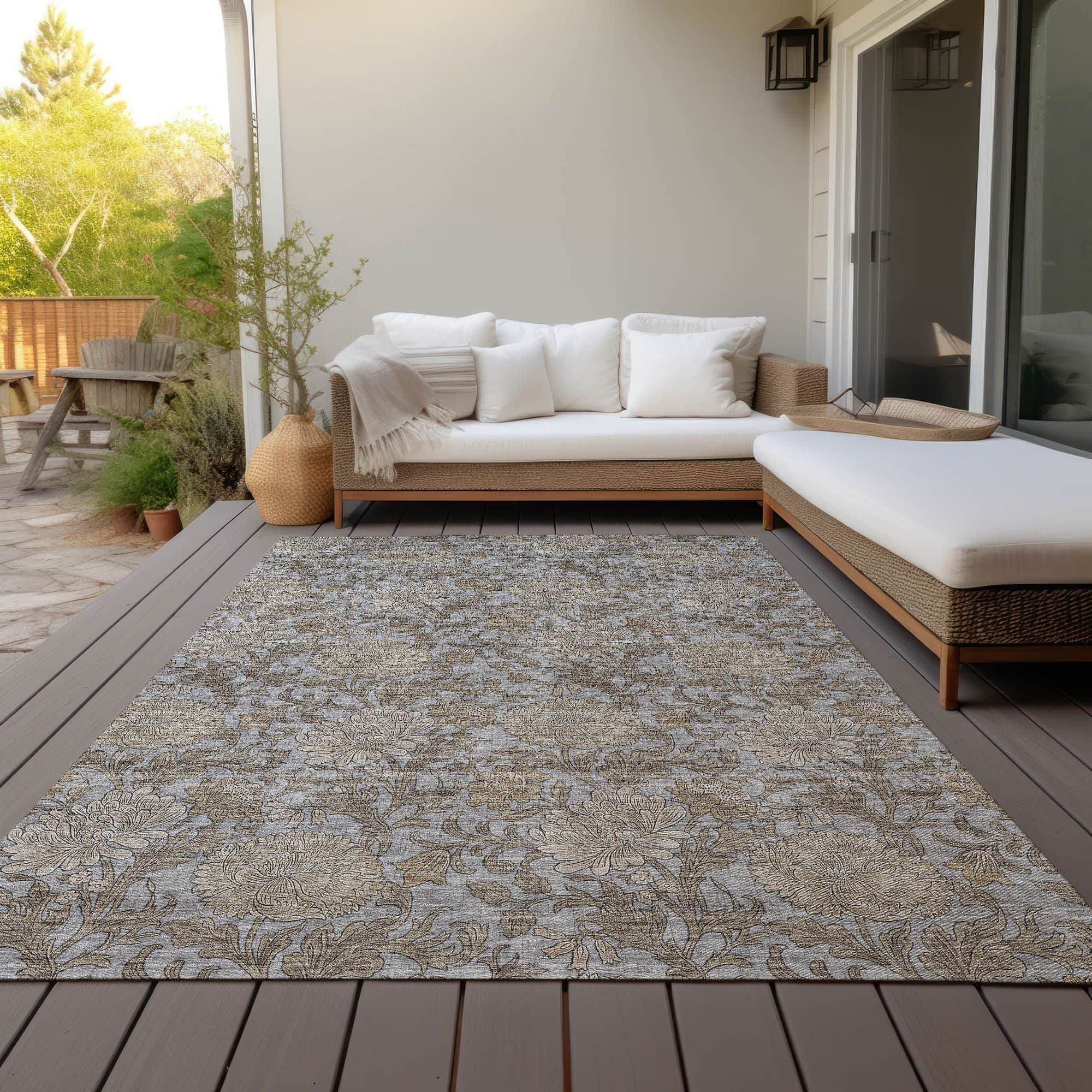 Machine Washable Gray Rug - Indoor / Outdoor - Kids / Pet Friendly Floral Print Rug