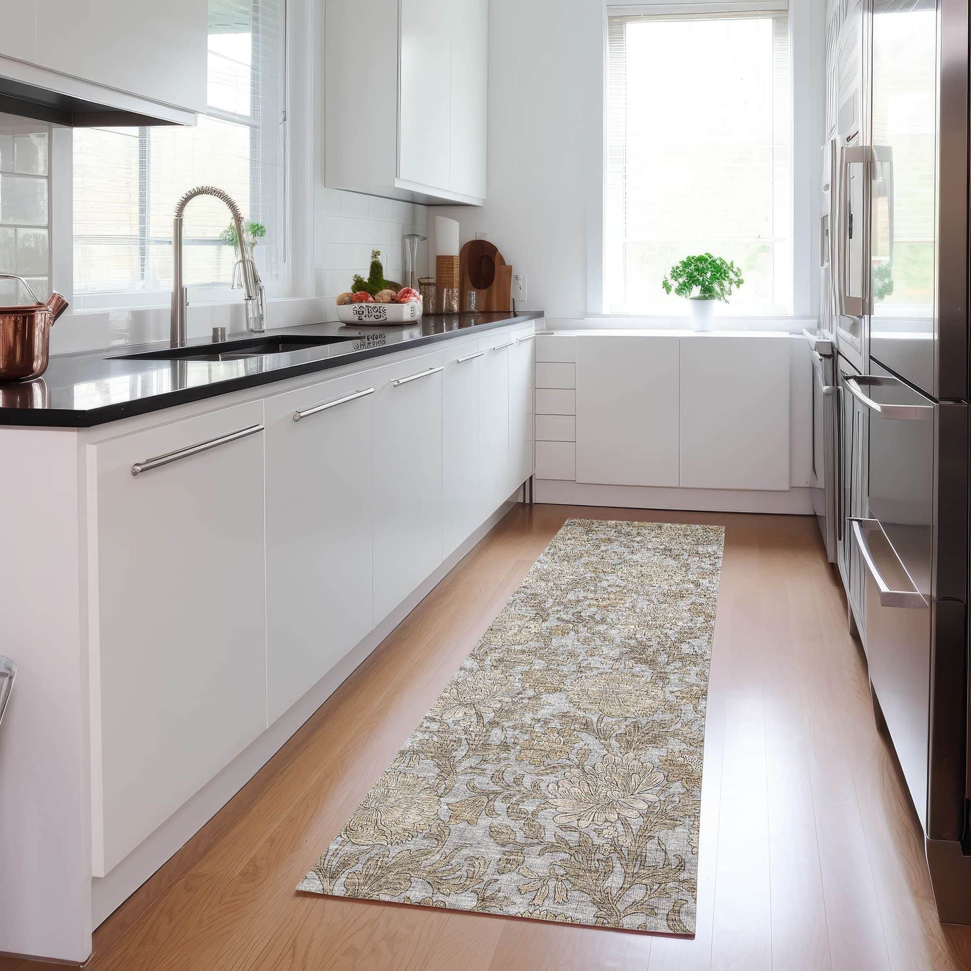 Machine Washable Gray Rug - Indoor / Outdoor - Kids / Pet Friendly Floral Print Rug