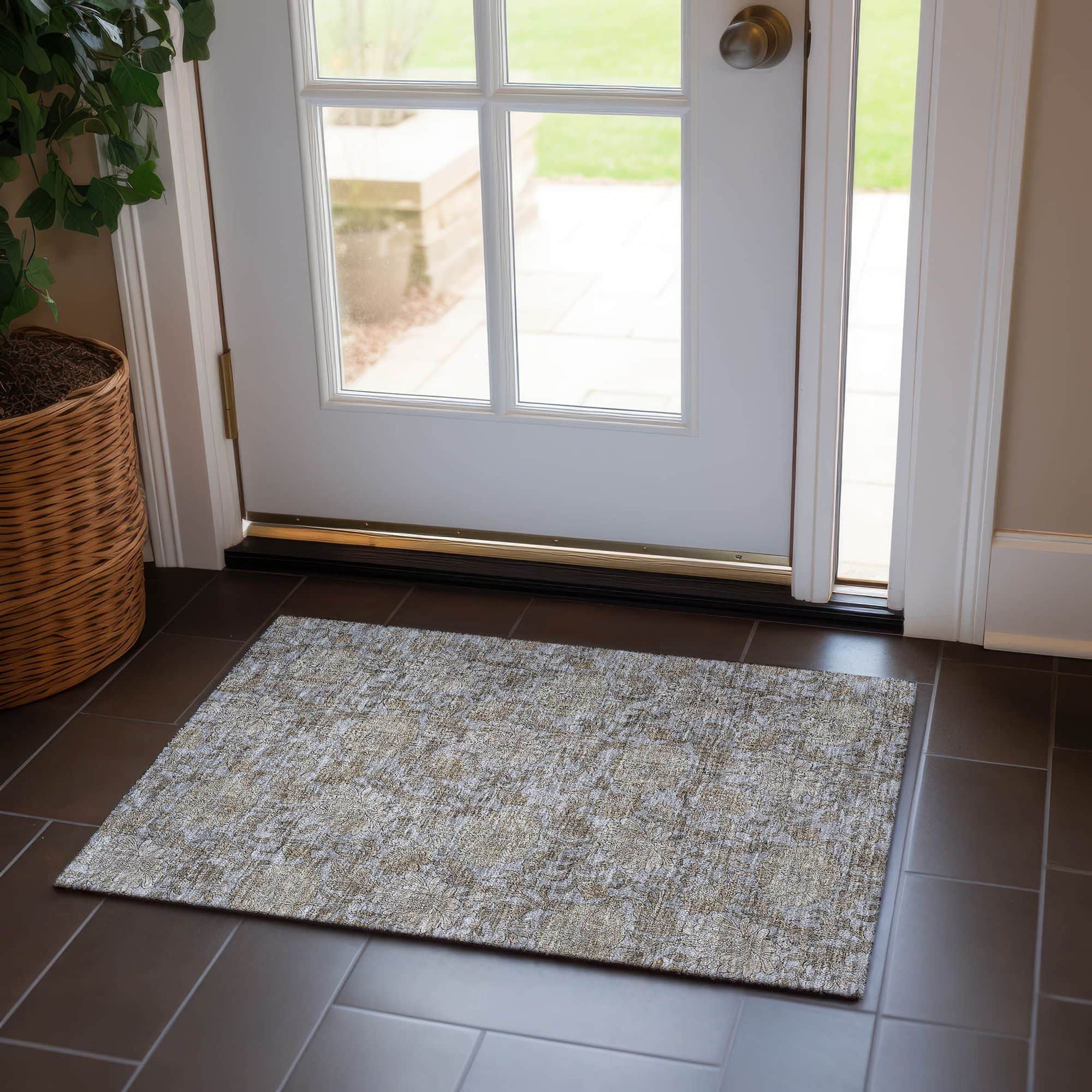 Machine Washable Gray Rug - Indoor / Outdoor - Kids / Pet Friendly Floral Print Rug