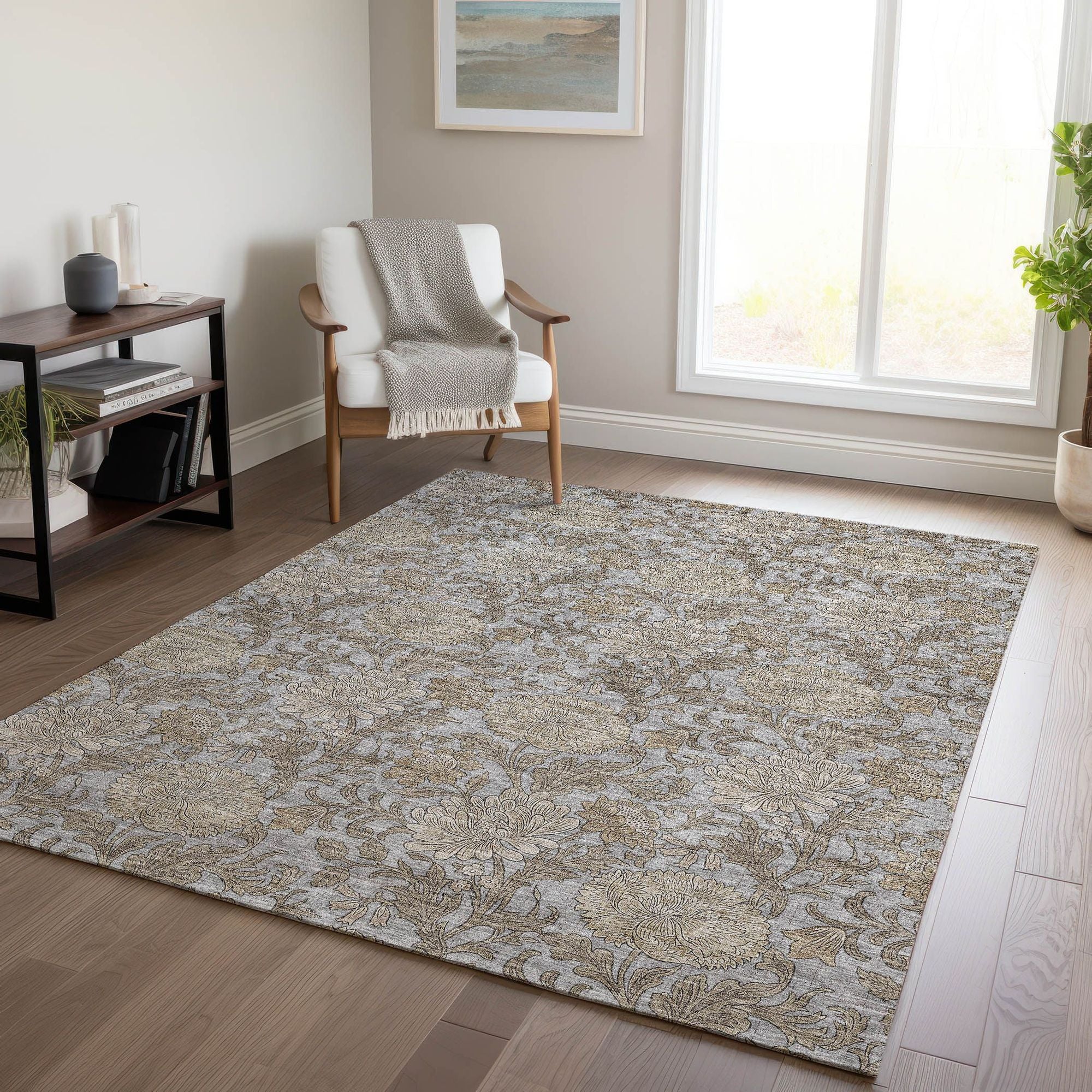 Machine Washable Gray Rug - Indoor / Outdoor - Kids / Pet Friendly Floral Print Rug