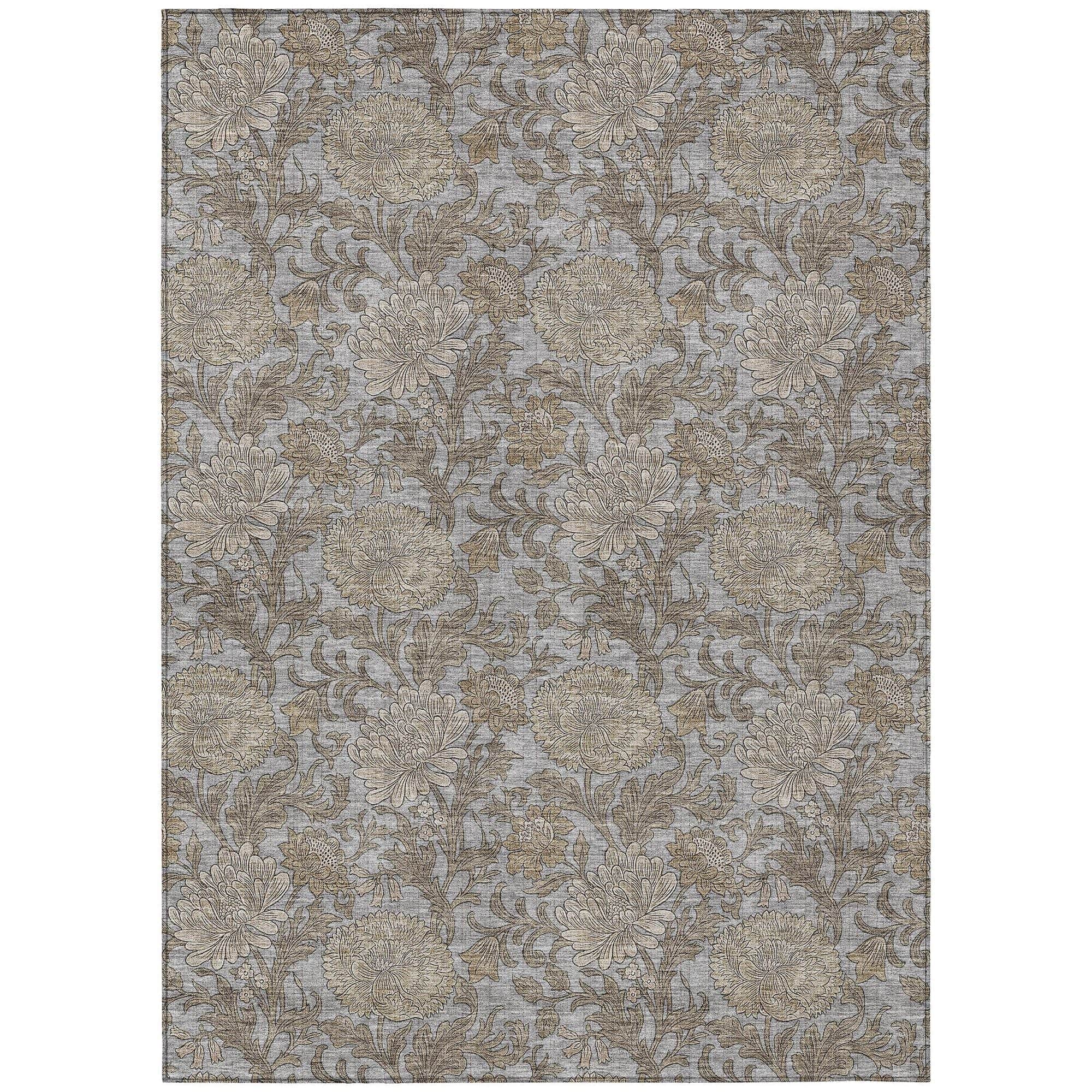 Machine Washable Gray Rug - Indoor / Outdoor - Kids / Pet Friendly Floral Print Rug