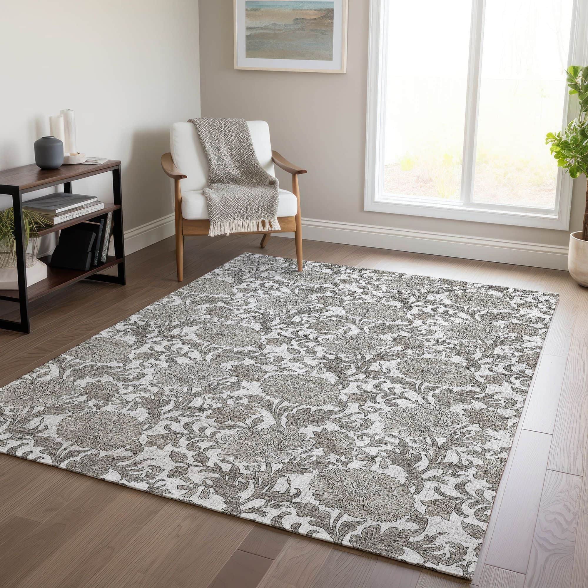 Machine Washable Ivory Rug - Indoor / Outdoor - Kids / Pet Friendly Floral Print Rug