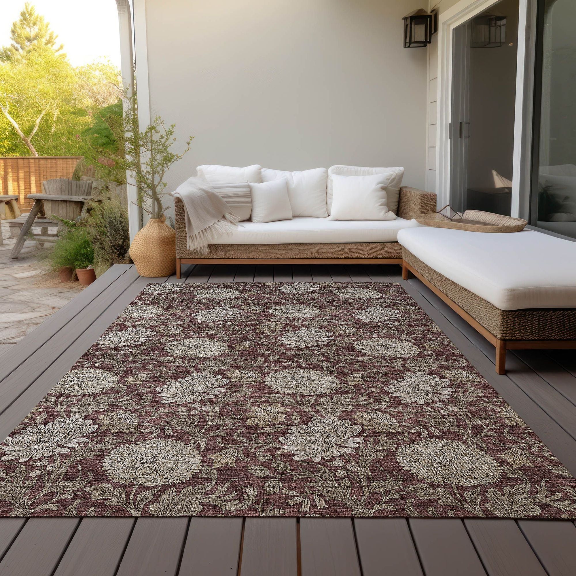 Machine Washable Merlot Red Rug - Indoor / Outdoor - Kids / Pet Friendly Floral Print Rug