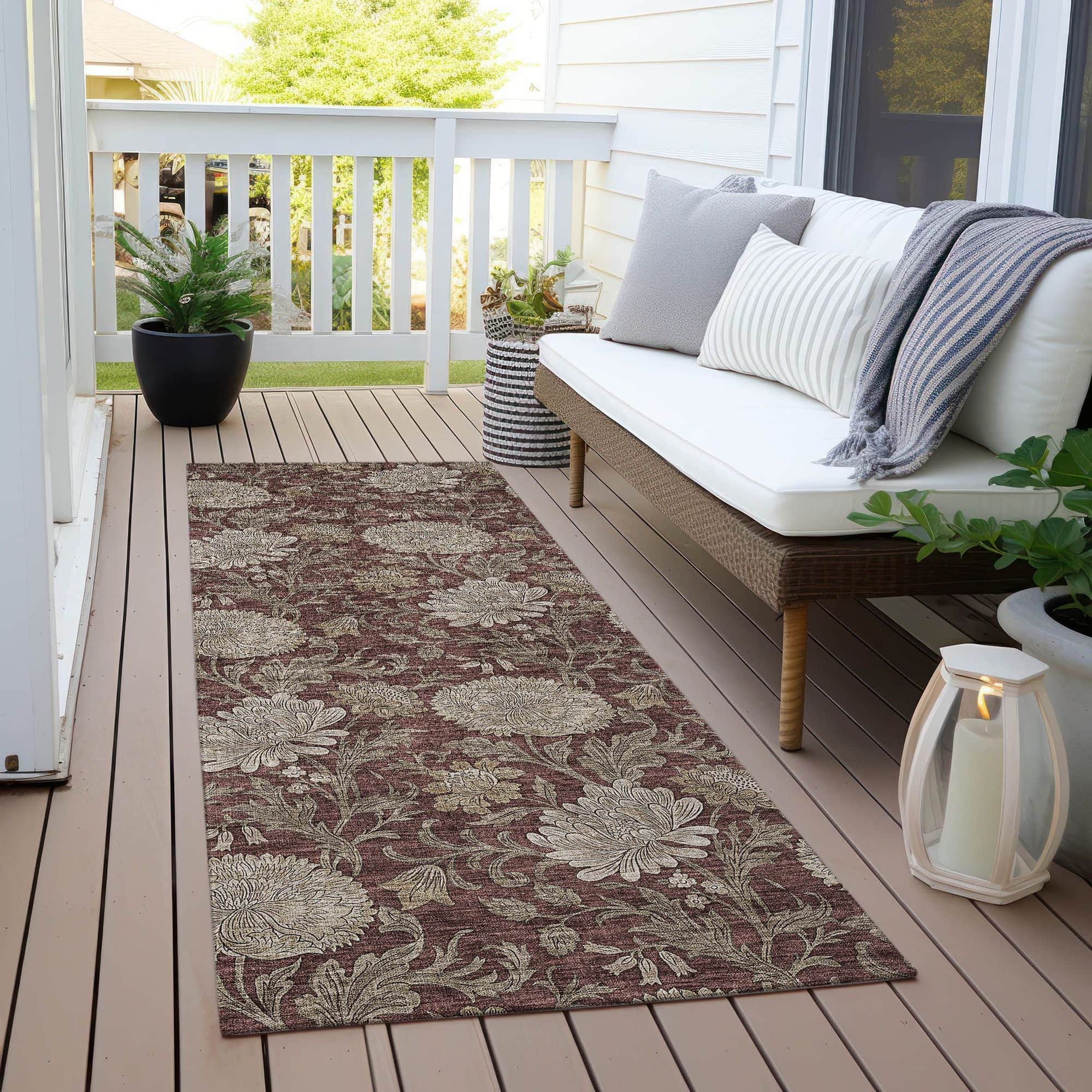 Machine Washable Merlot Red Rug - Indoor / Outdoor - Kids / Pet Friendly Floral Print Rug