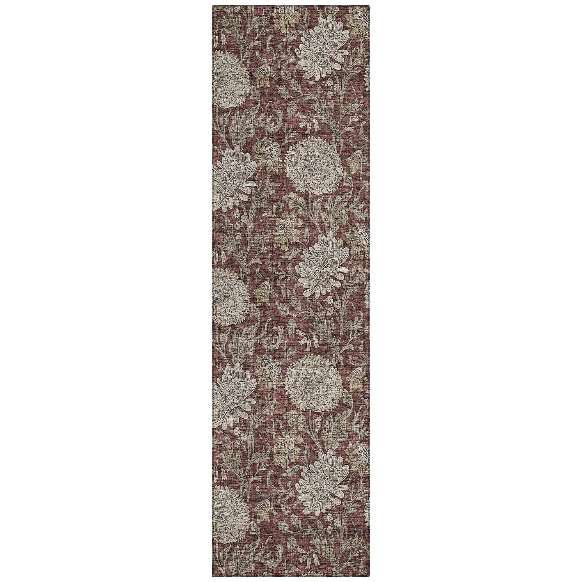 Machine Washable Merlot Red Rug - Indoor / Outdoor - Kids / Pet Friendly Floral Print Rug