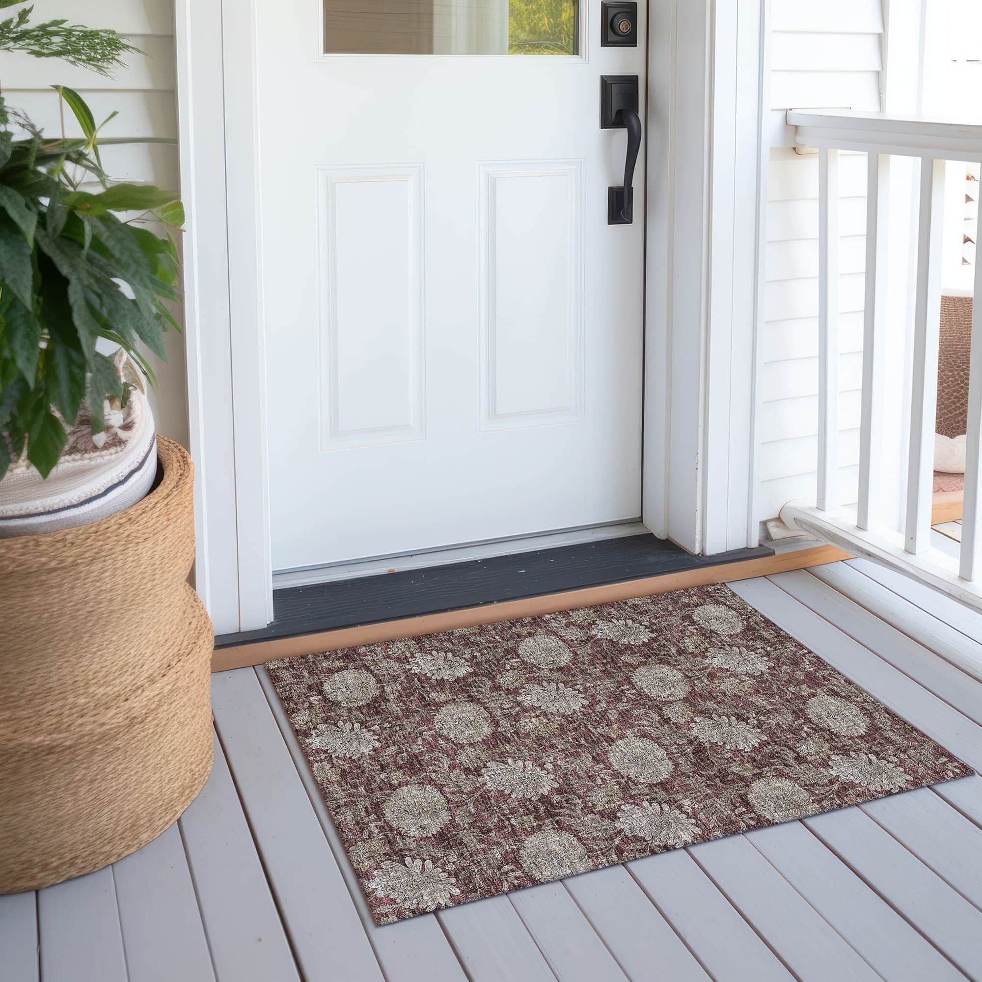 Machine Washable Merlot Red Rug - Indoor / Outdoor - Kids / Pet Friendly Floral Print Rug