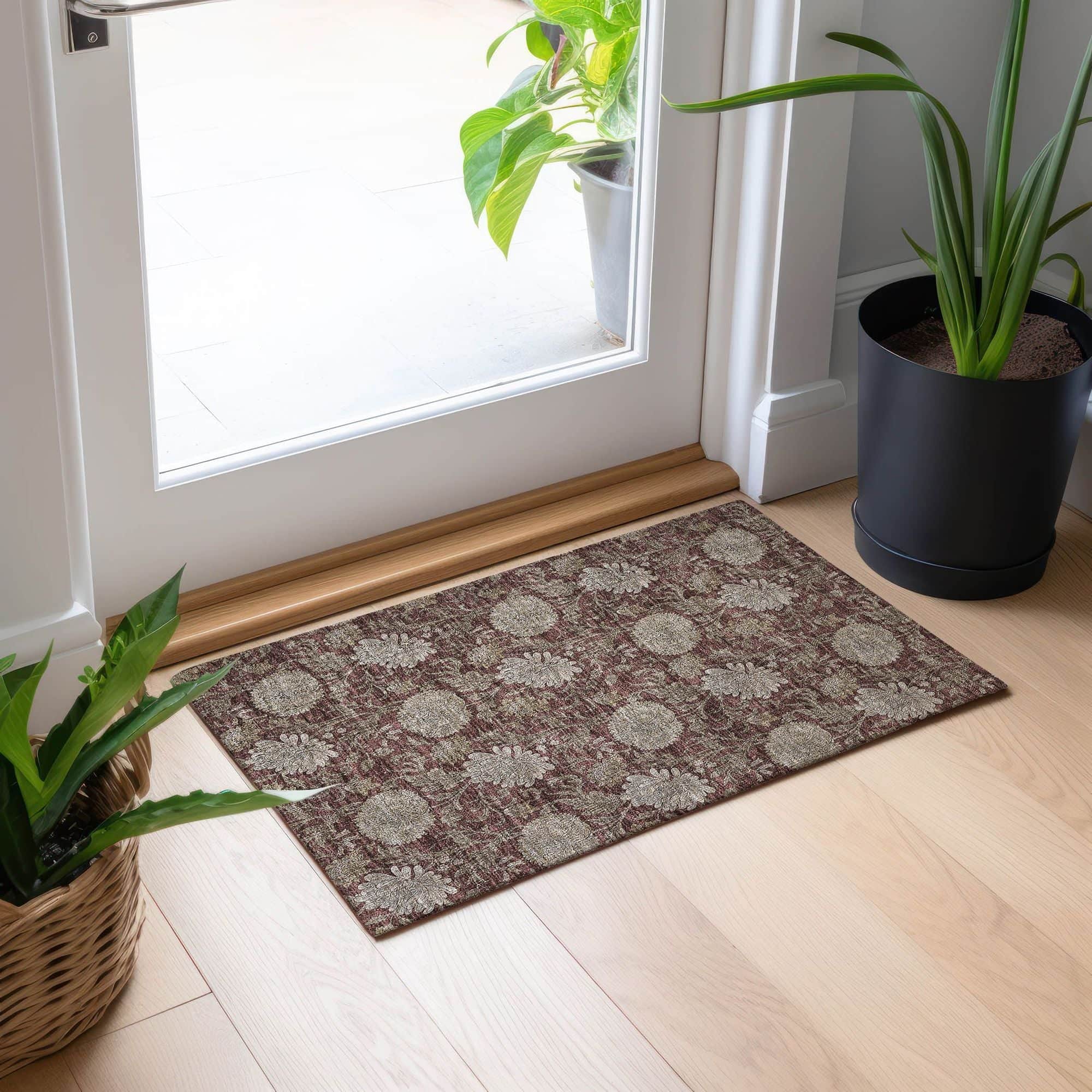 Machine Washable Merlot Red Rug - Indoor / Outdoor - Kids / Pet Friendly Floral Print Rug