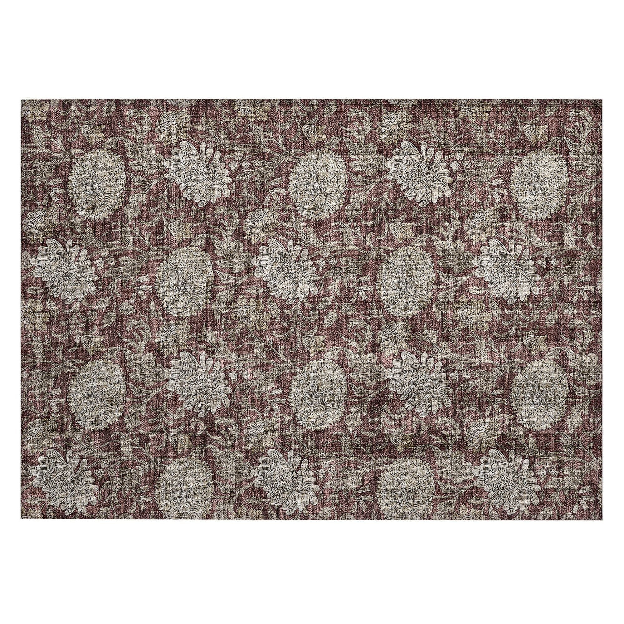 Machine Washable Merlot Red Rug - Indoor / Outdoor - Kids / Pet Friendly Floral Print Rug