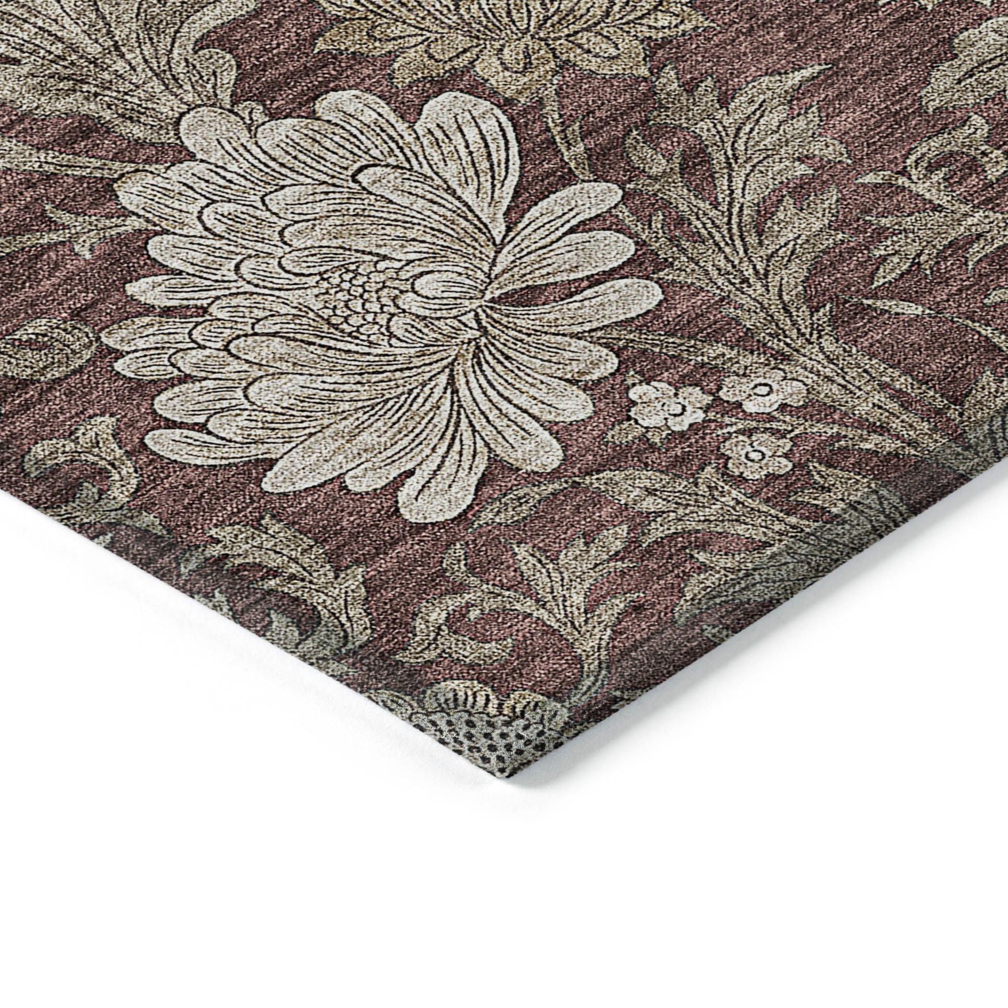 Machine Washable Merlot Red Rug - Indoor / Outdoor - Kids / Pet Friendly Floral Print Rug