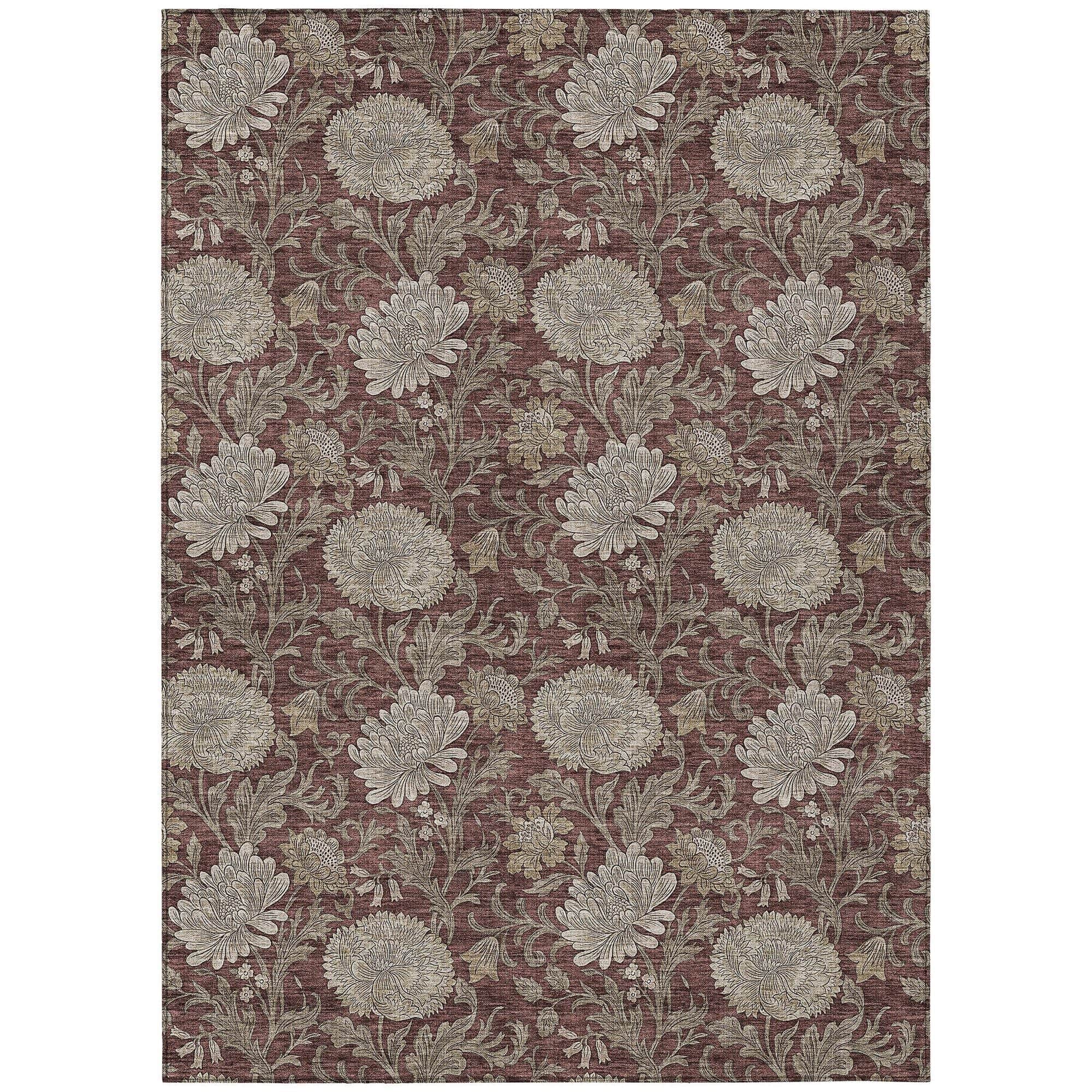 Machine Washable Merlot Red Rug - Indoor / Outdoor - Kids / Pet Friendly Floral Print Rug