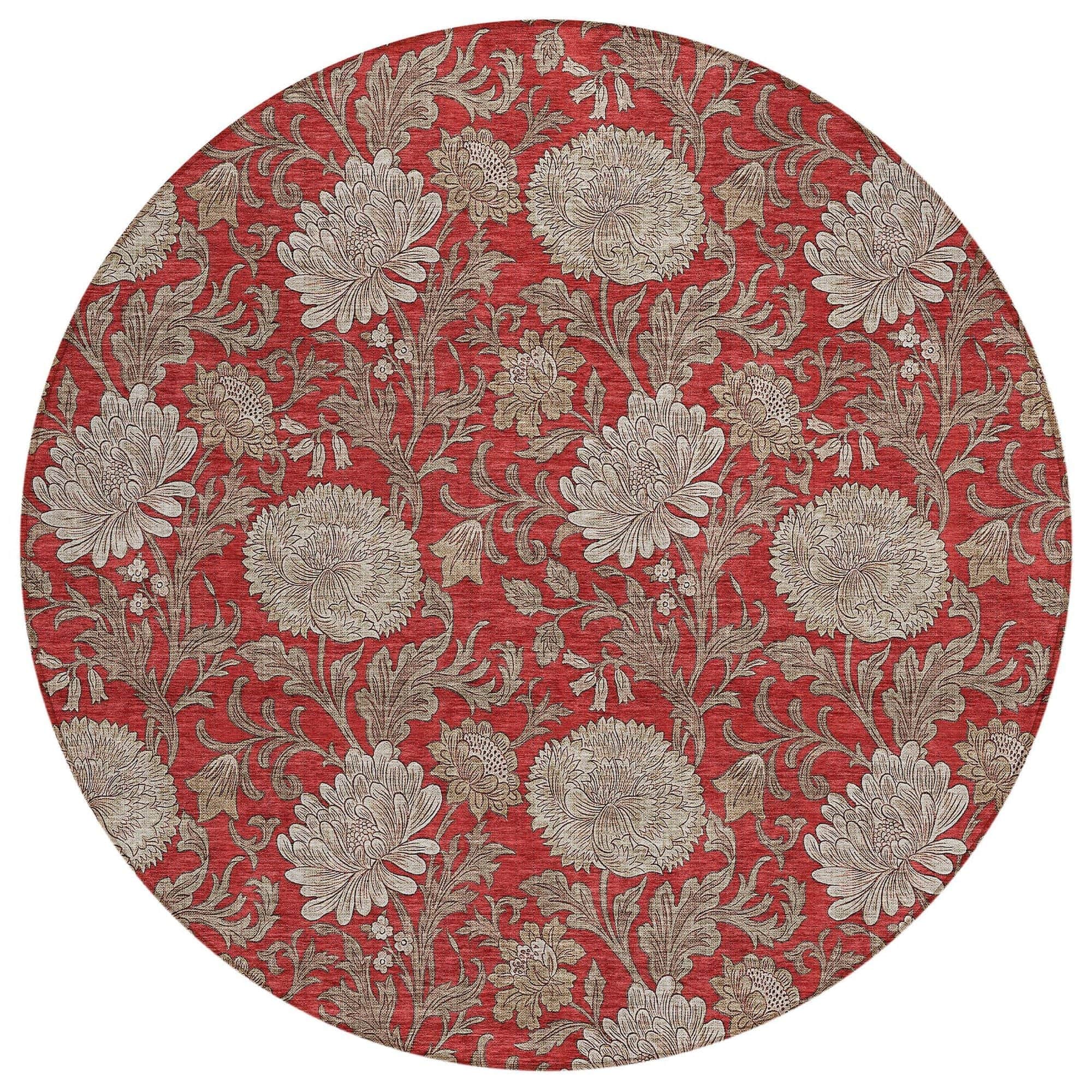 Machine Washable Red Rug - Indoor / Outdoor - Kids / Pet Friendly Floral Print Rug
