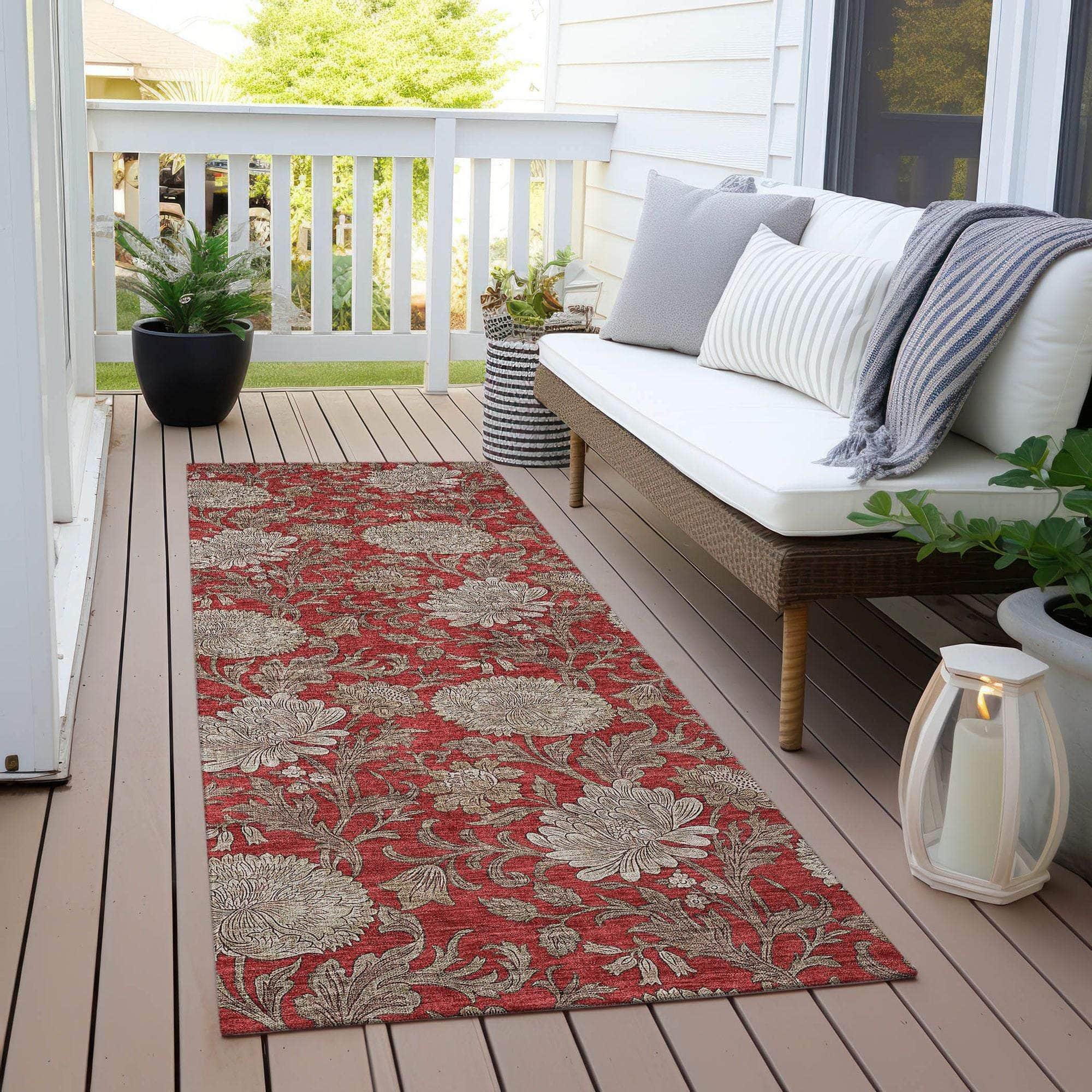 Machine Washable Red Rug - Indoor / Outdoor - Kids / Pet Friendly Floral Print Rug